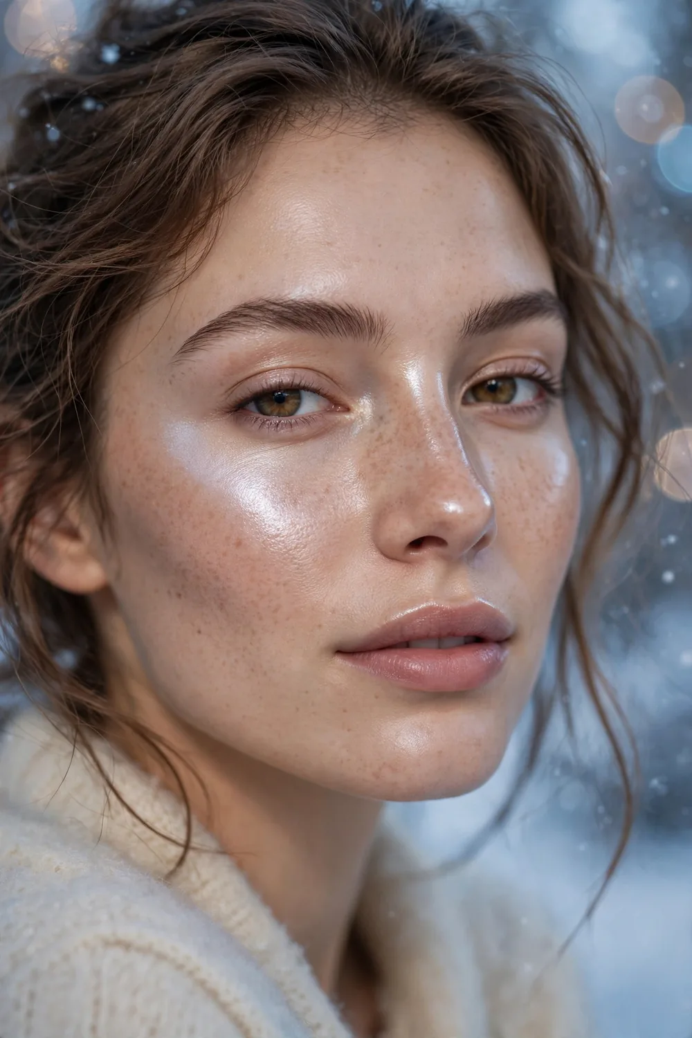 Highlighter glowing on cheekbones and nose like fresh snow in winter light