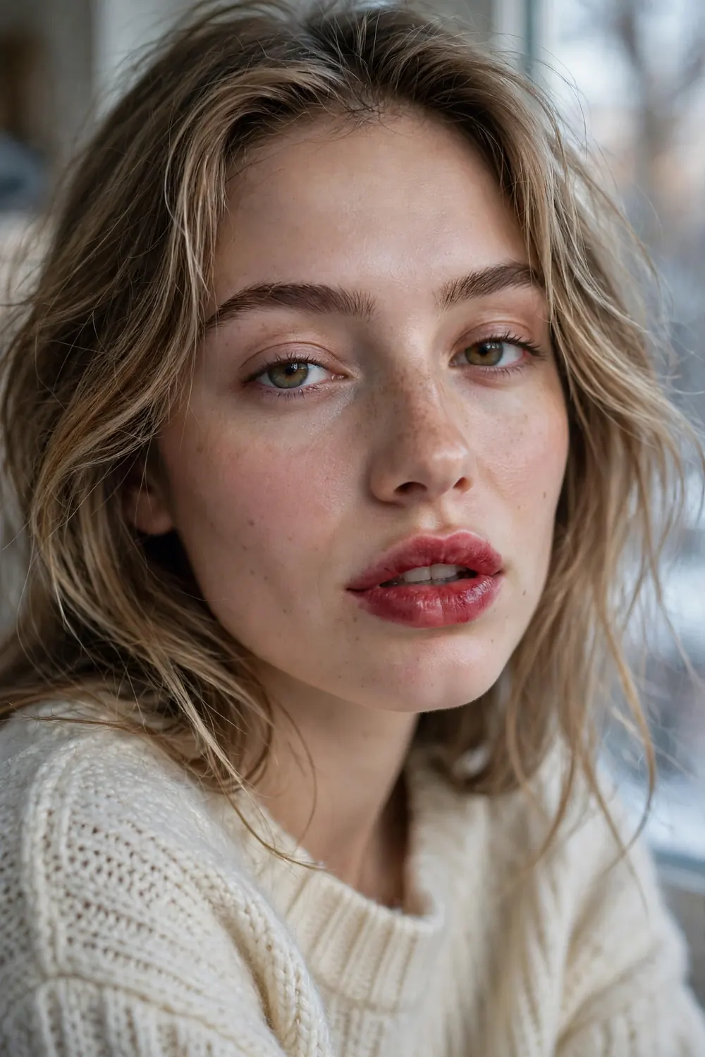 Lips with a cranberry stained lip colour in a natural bitten finish