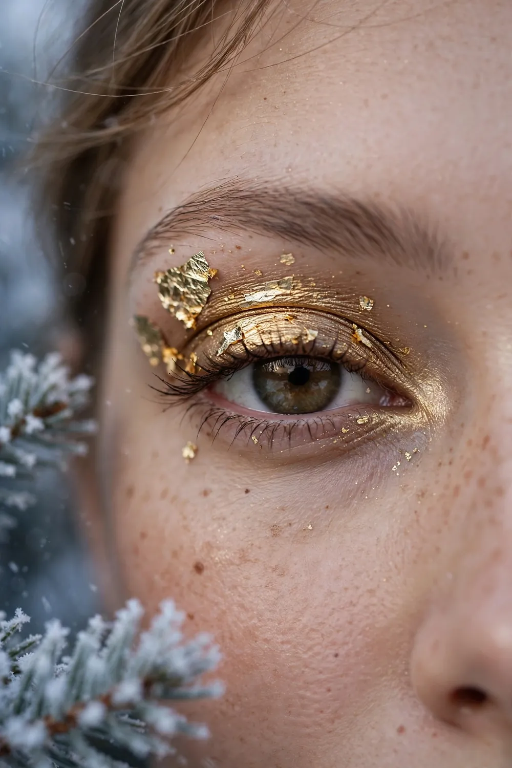 Gold foil eyeshadow glowing on the eyelid with warm winter makeup