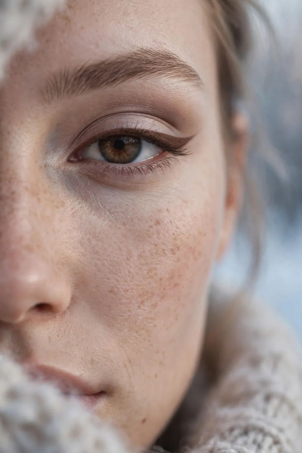 Soft brown winged eyeliner with a gentle flick on a model eye