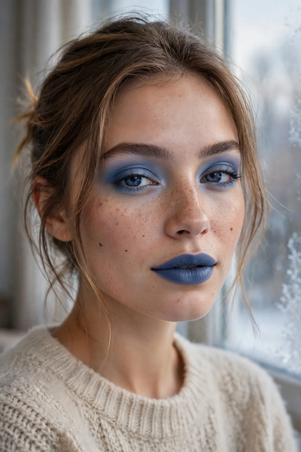 Monochrome blueberry toned makeup on eyes cheeks and lips in winter style