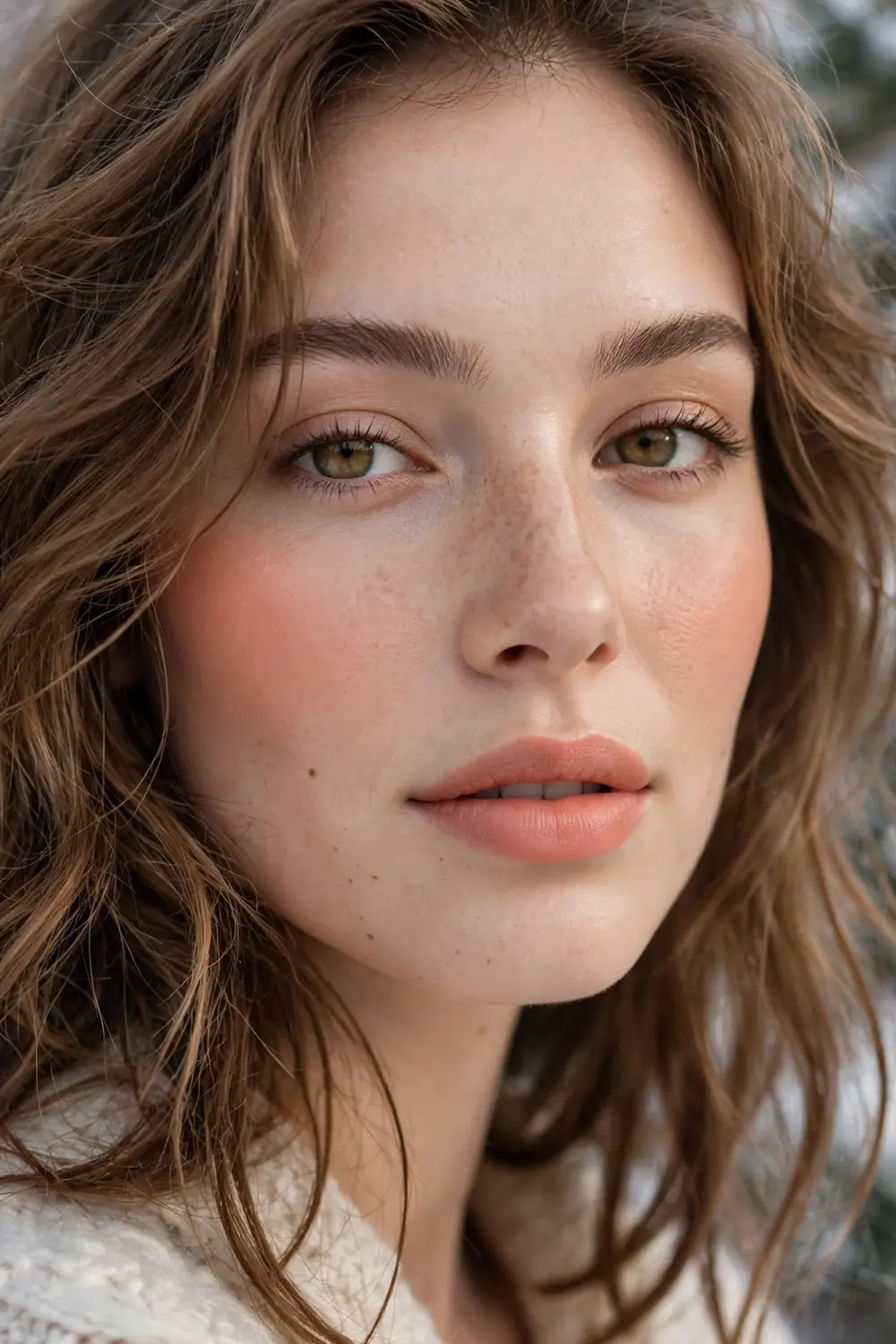 Model with warm peach blush on cheeks bringing life to winter makeup