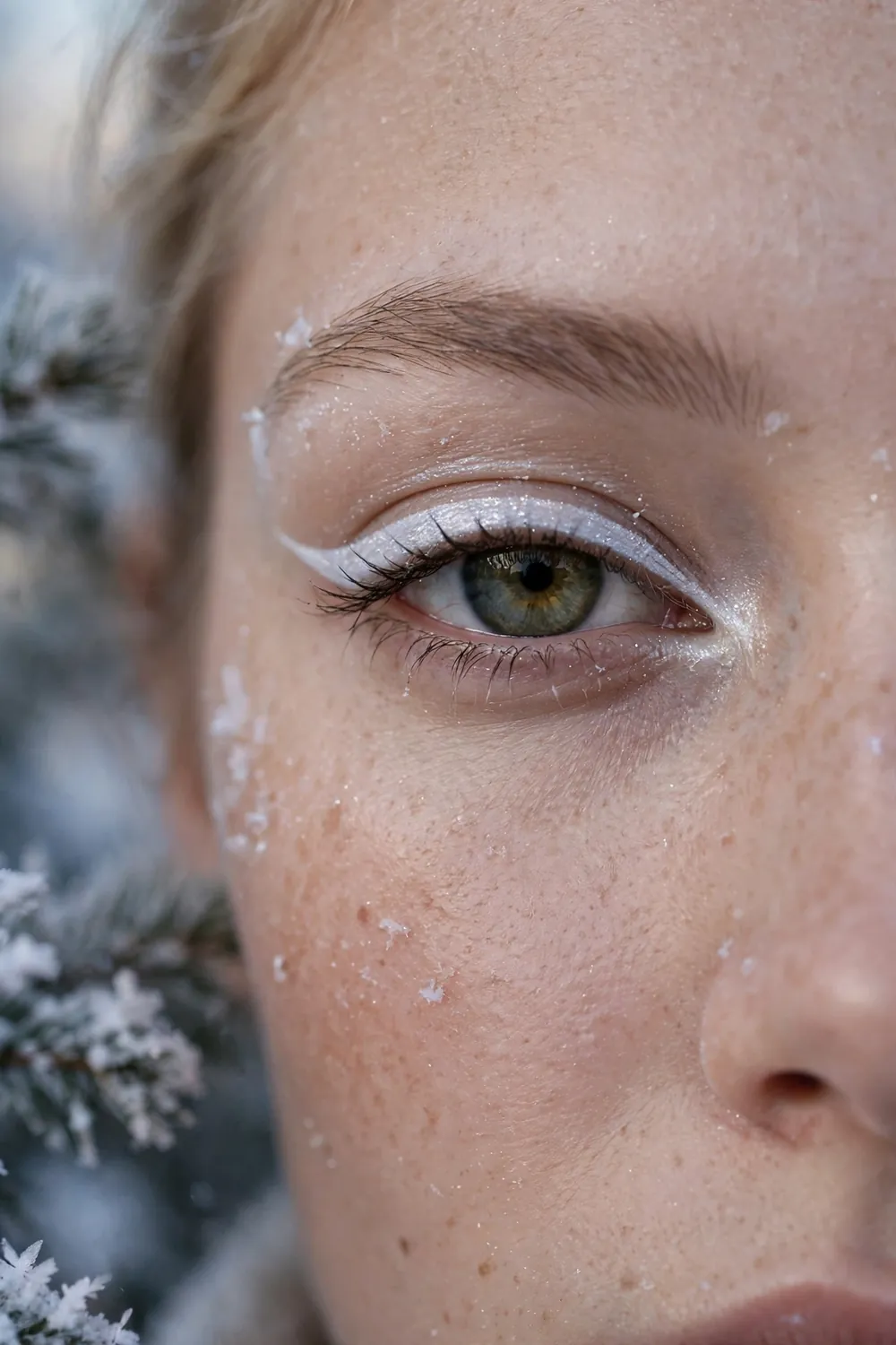 Frosted white eyeliner accent along the lower lash line in winter makeup
