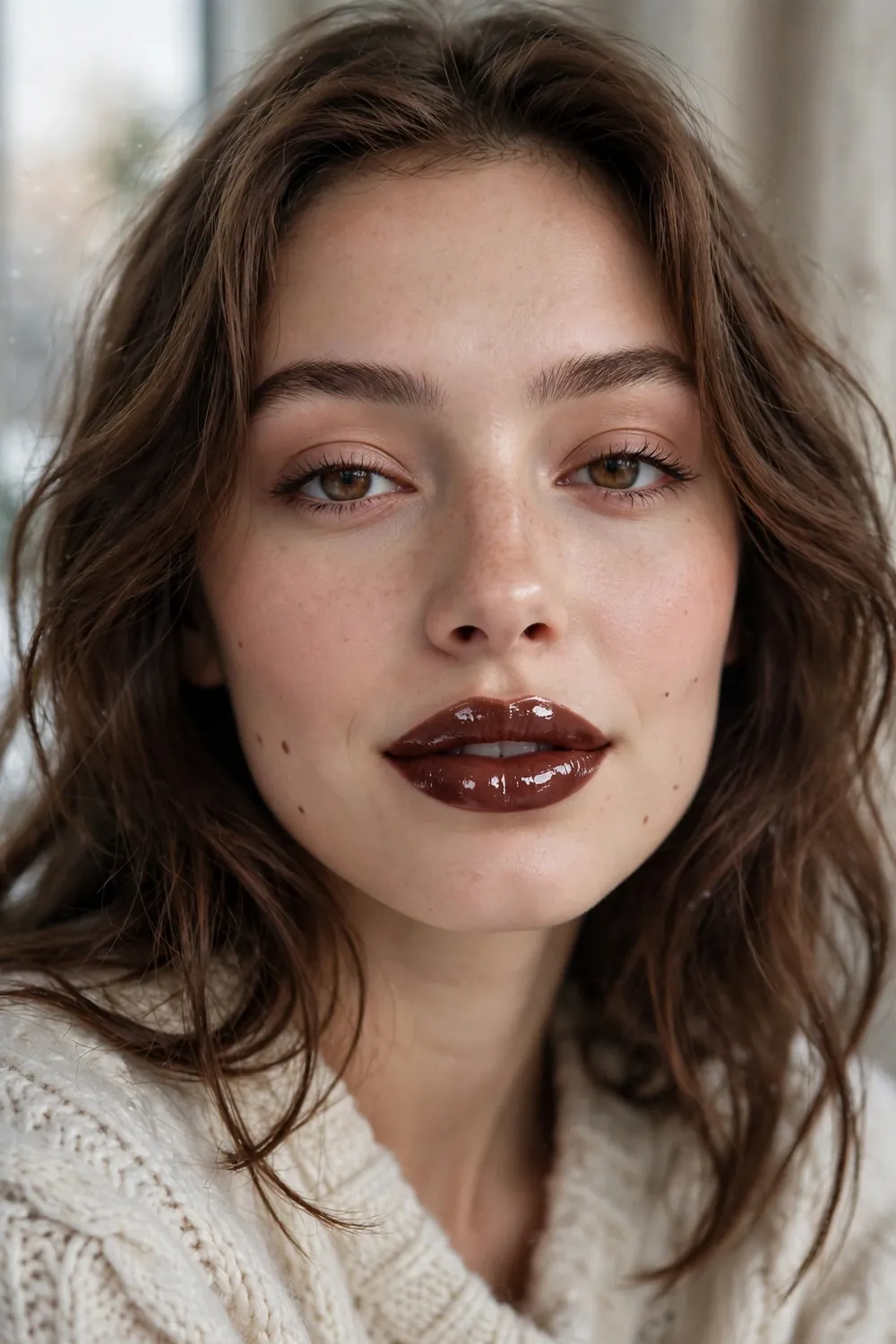 Lips wearing a chocolate brown gloss with a shiny winter finish