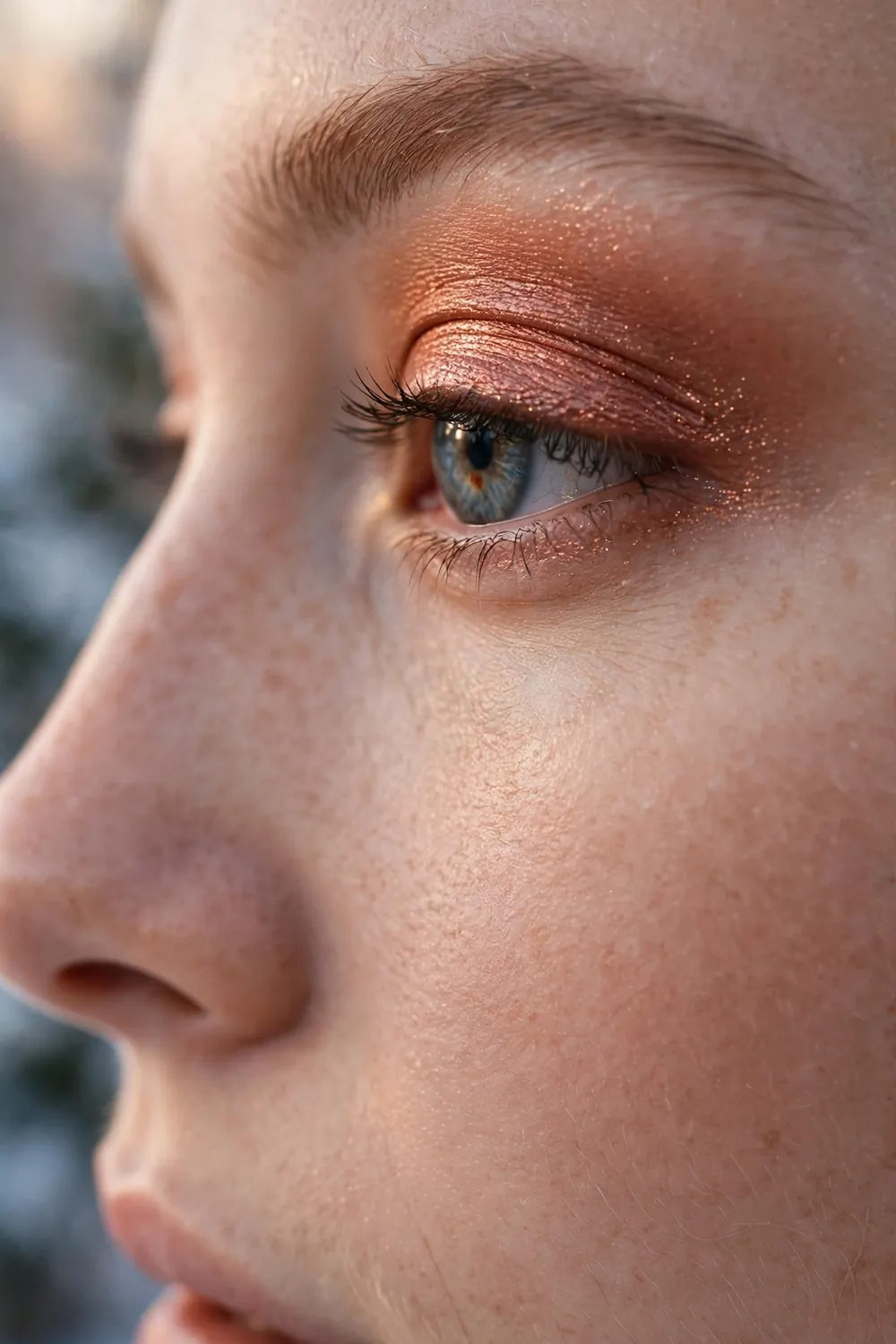 Copper shimmer eyeshadow glowing on the eyelid in winter makeup