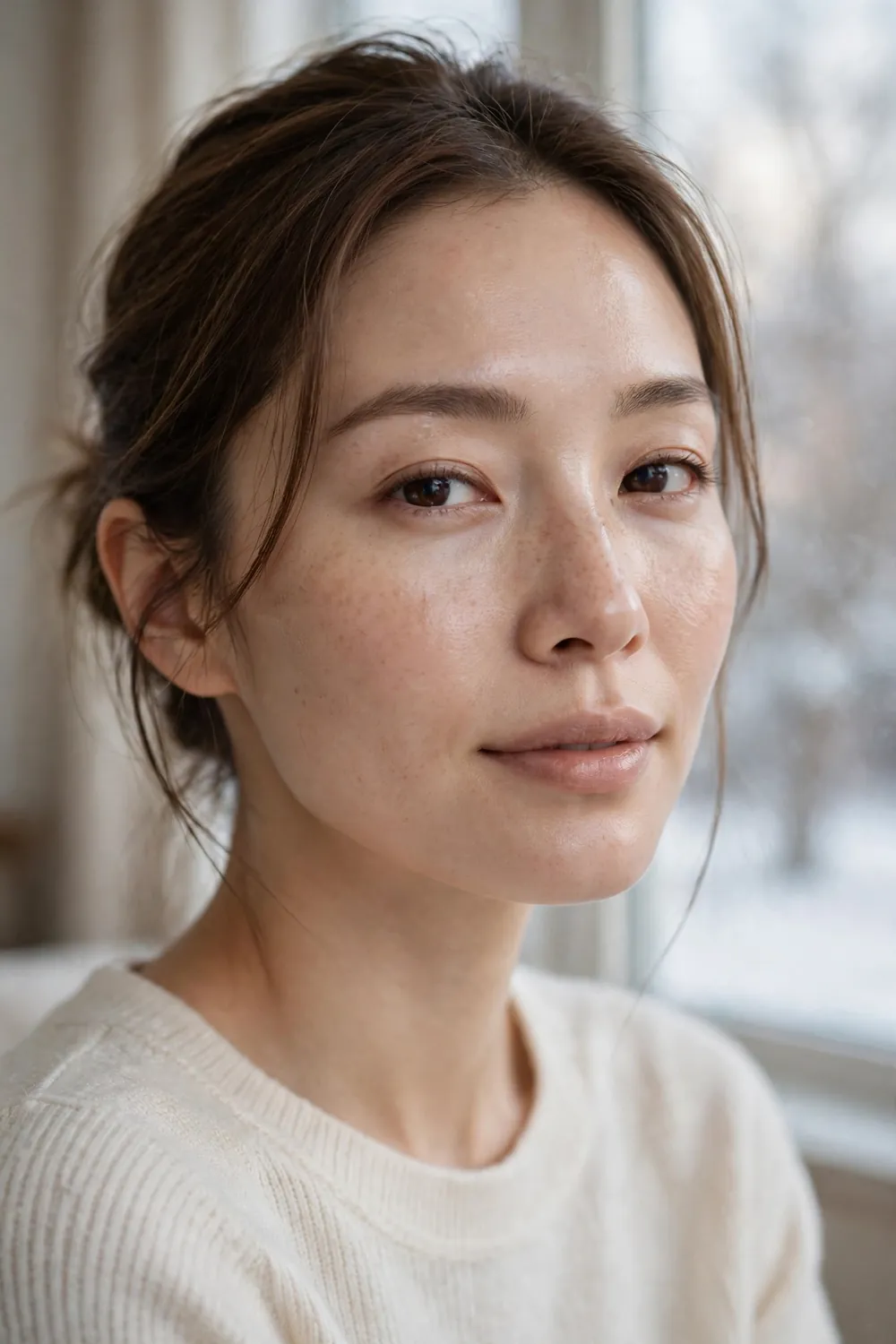 Natural barely there makeup look with fresh winter skin and minimal coverage