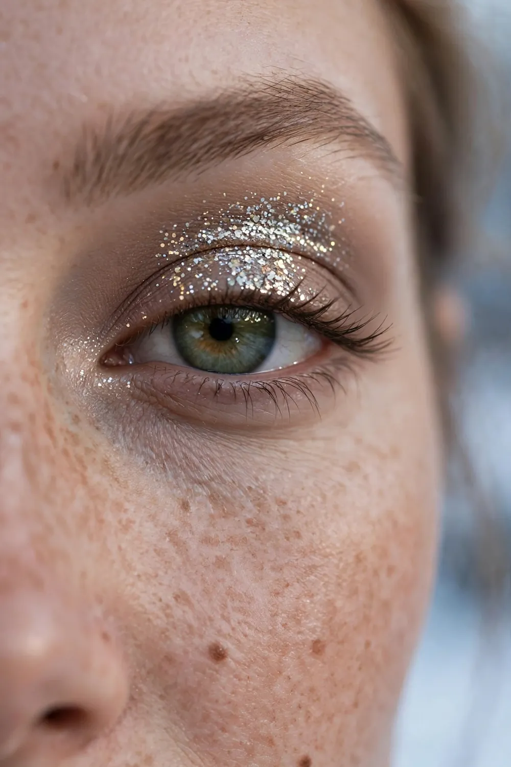 Sparkling glitter topper pressed over a matte eyeshadow base on the eye