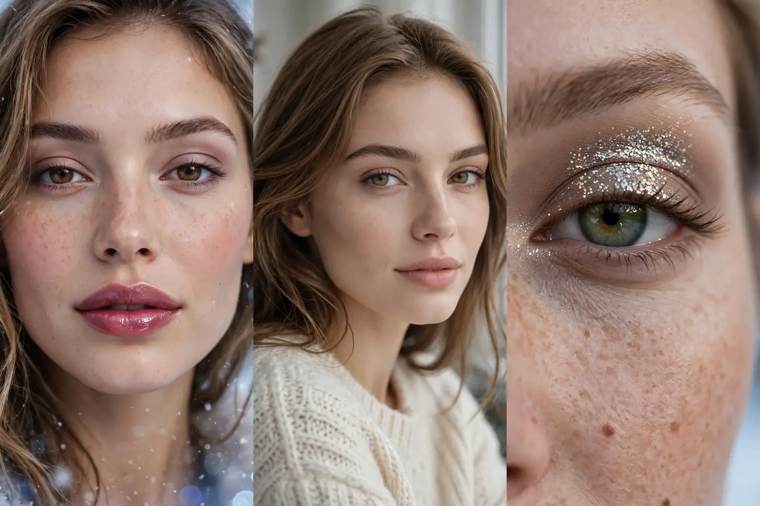 Collage of three winter makeup looks including berry lips, dewy skin base and sparkling party eye