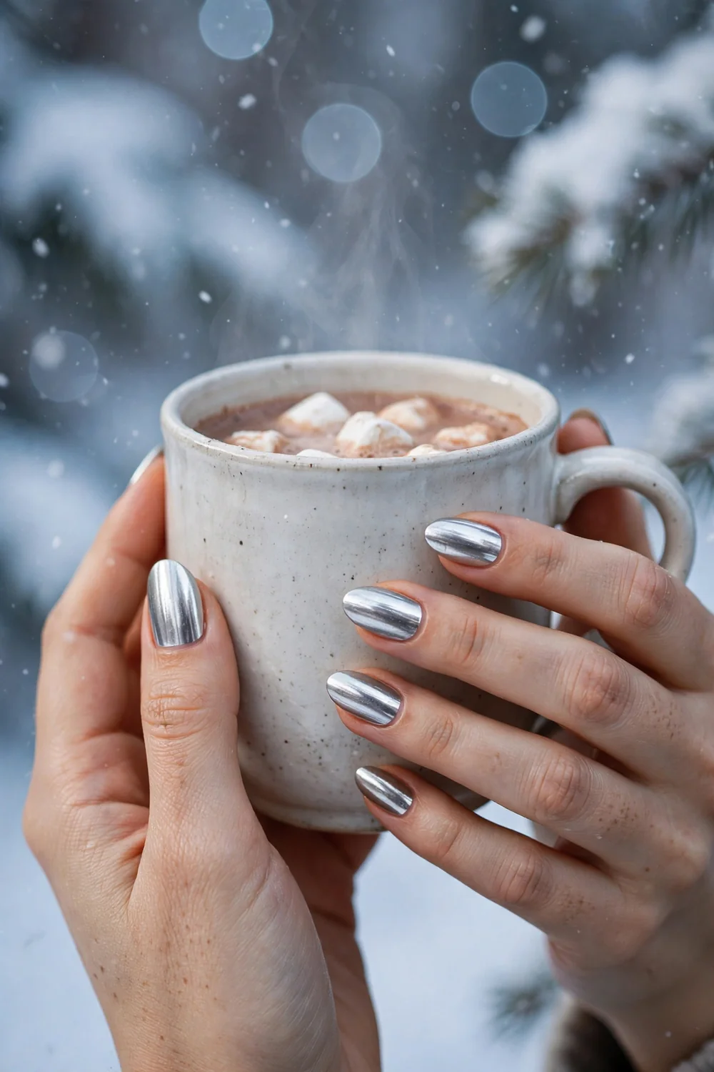 Close up of hands with icy silver chrome mirror nails holding a hot cocoa mug with snow bokeh