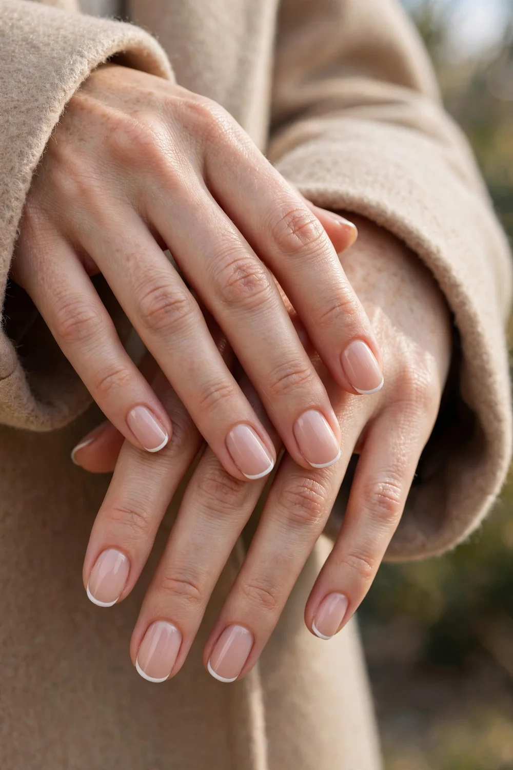 Close up of hands with nude nails and thin white micro french tips in soft daylight