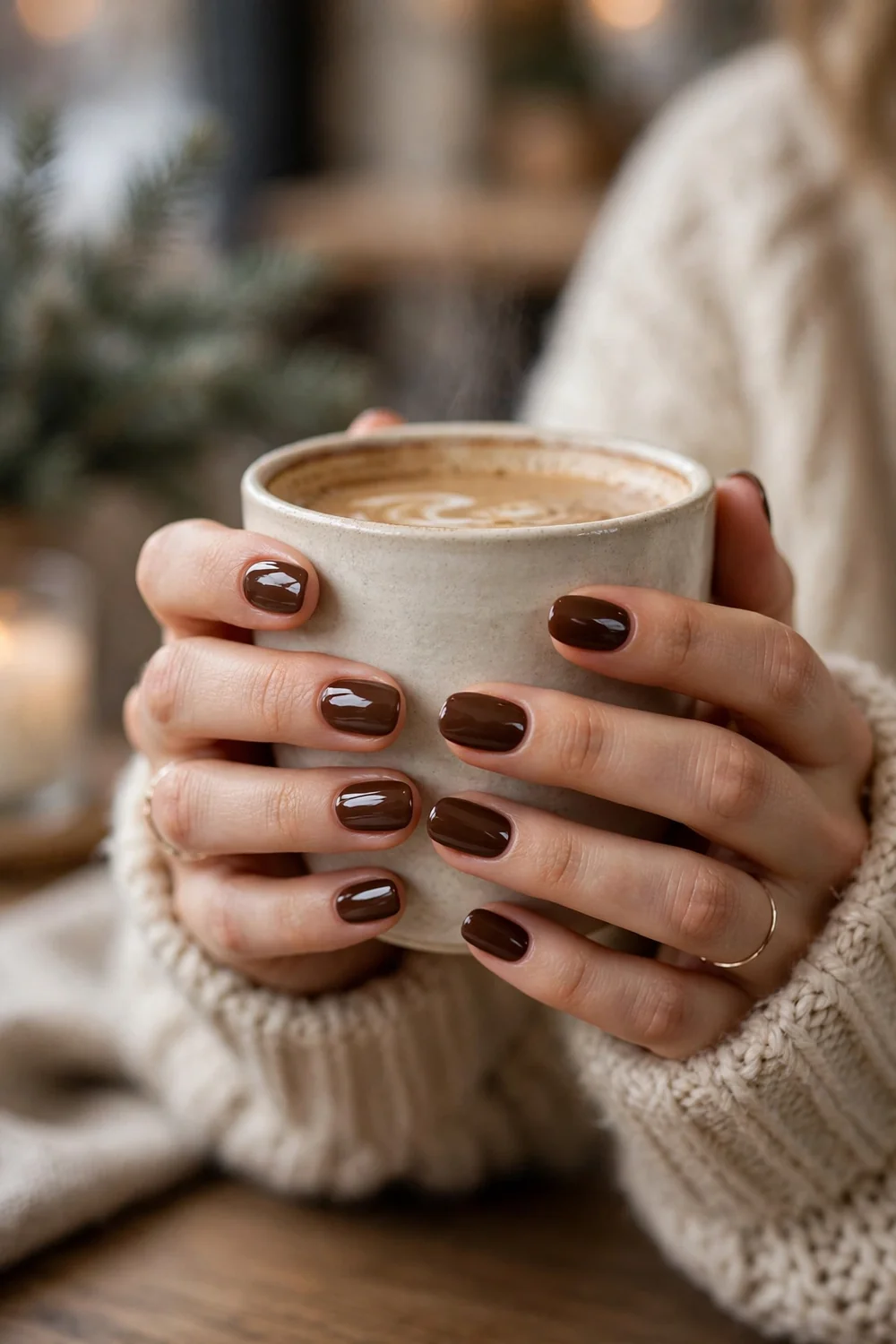 Close up of hands with espresso brown glossy nails holding a coffee cup in a winter cafe