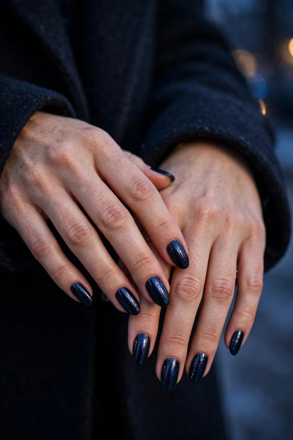 Close up of hands with midnight navy shimmer nails in an evening winter look