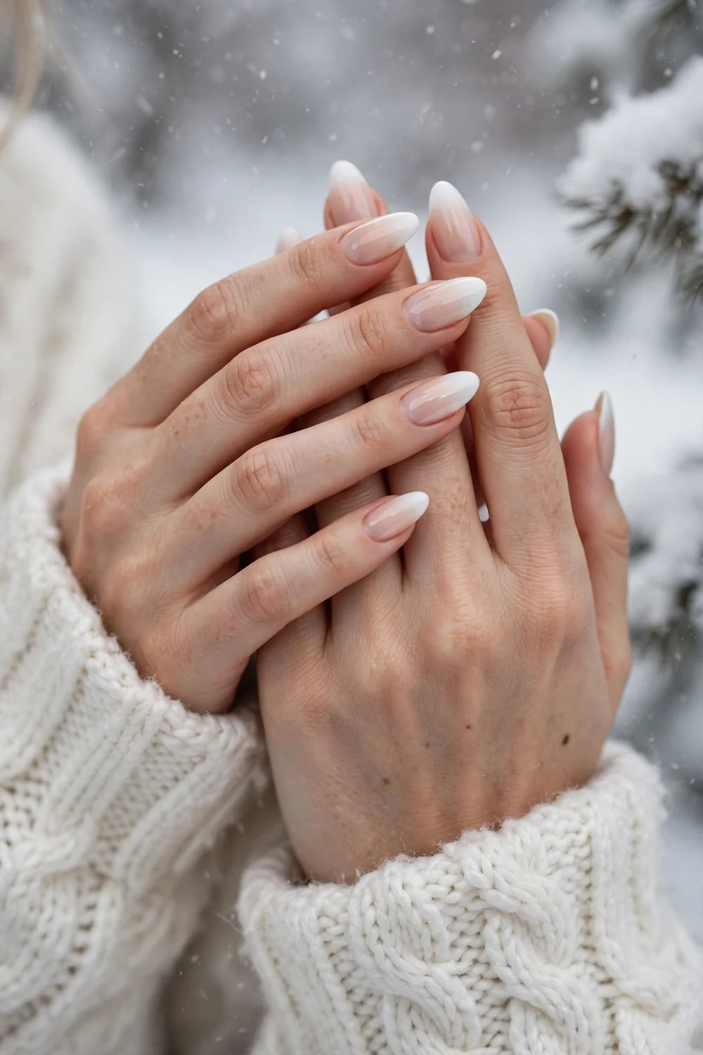 Close up of hands with white to nude ombre nails against a snowy winter background