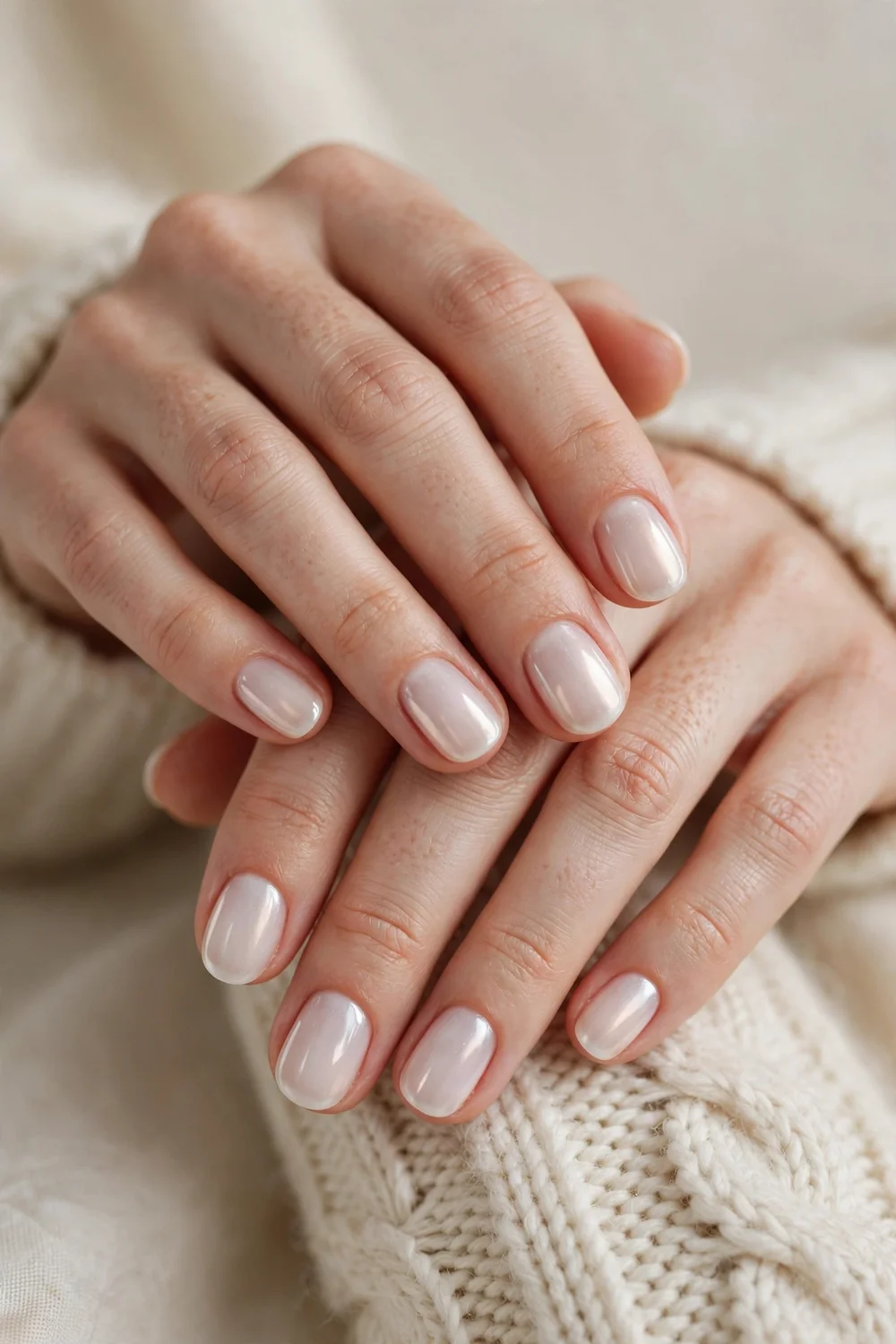 Close up of hands with sheer milky glazed nails in a minimal elegant winter look