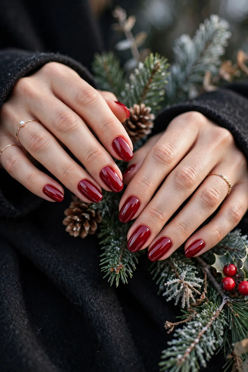 Close up of hands with cranberry red glossy nails in festive winter holiday styling