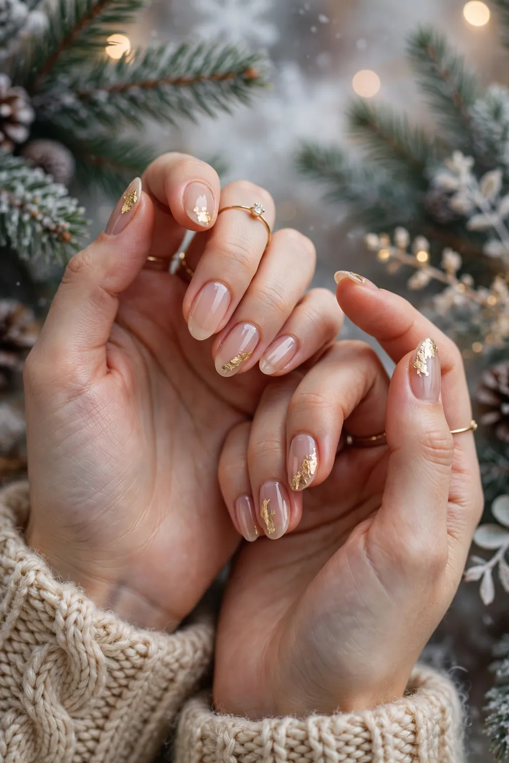 Close up of hands with nude nails and delicate gold foil accents in festive winter styling
