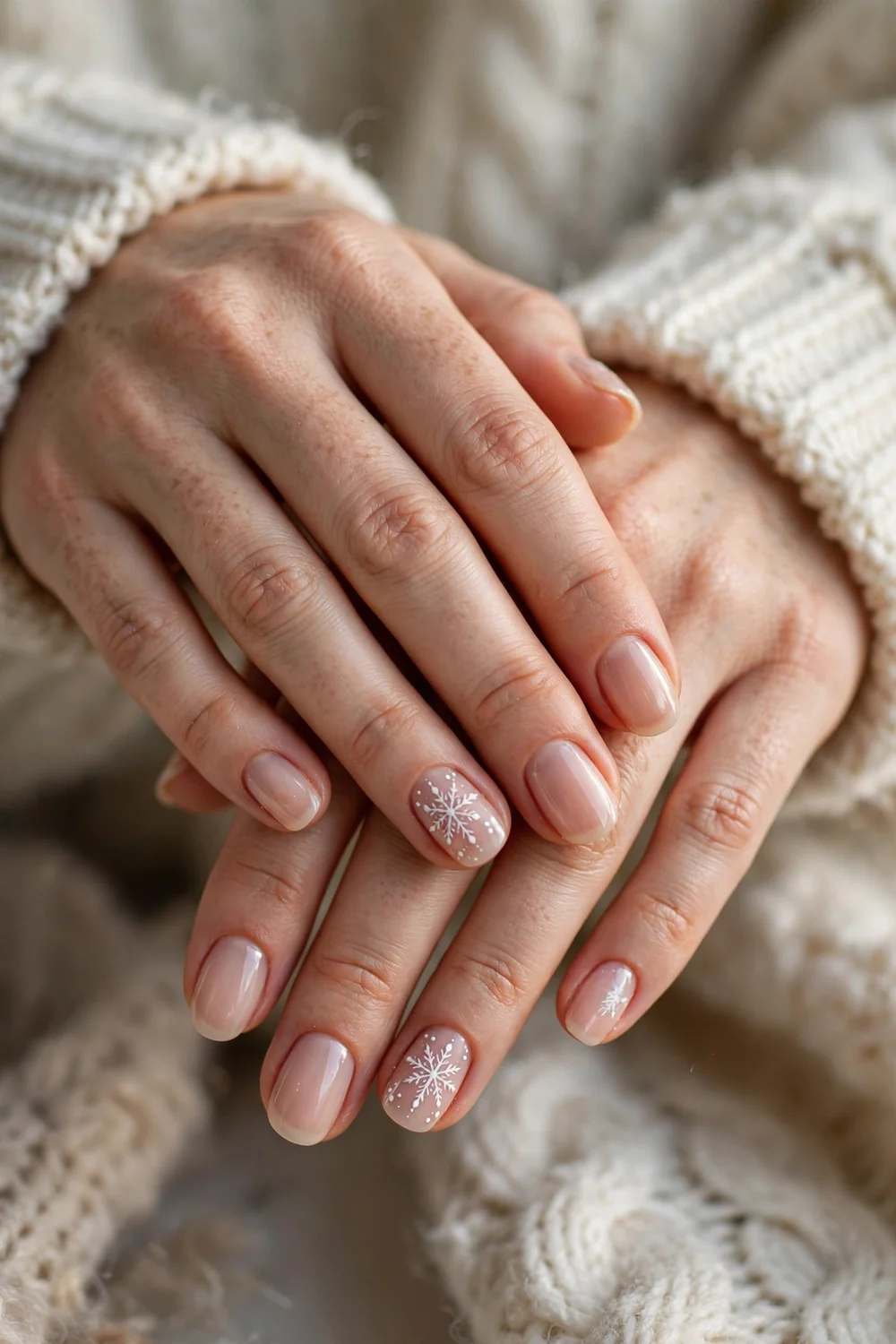 Close up of hands with nude nails and white snowflake art on accent nails