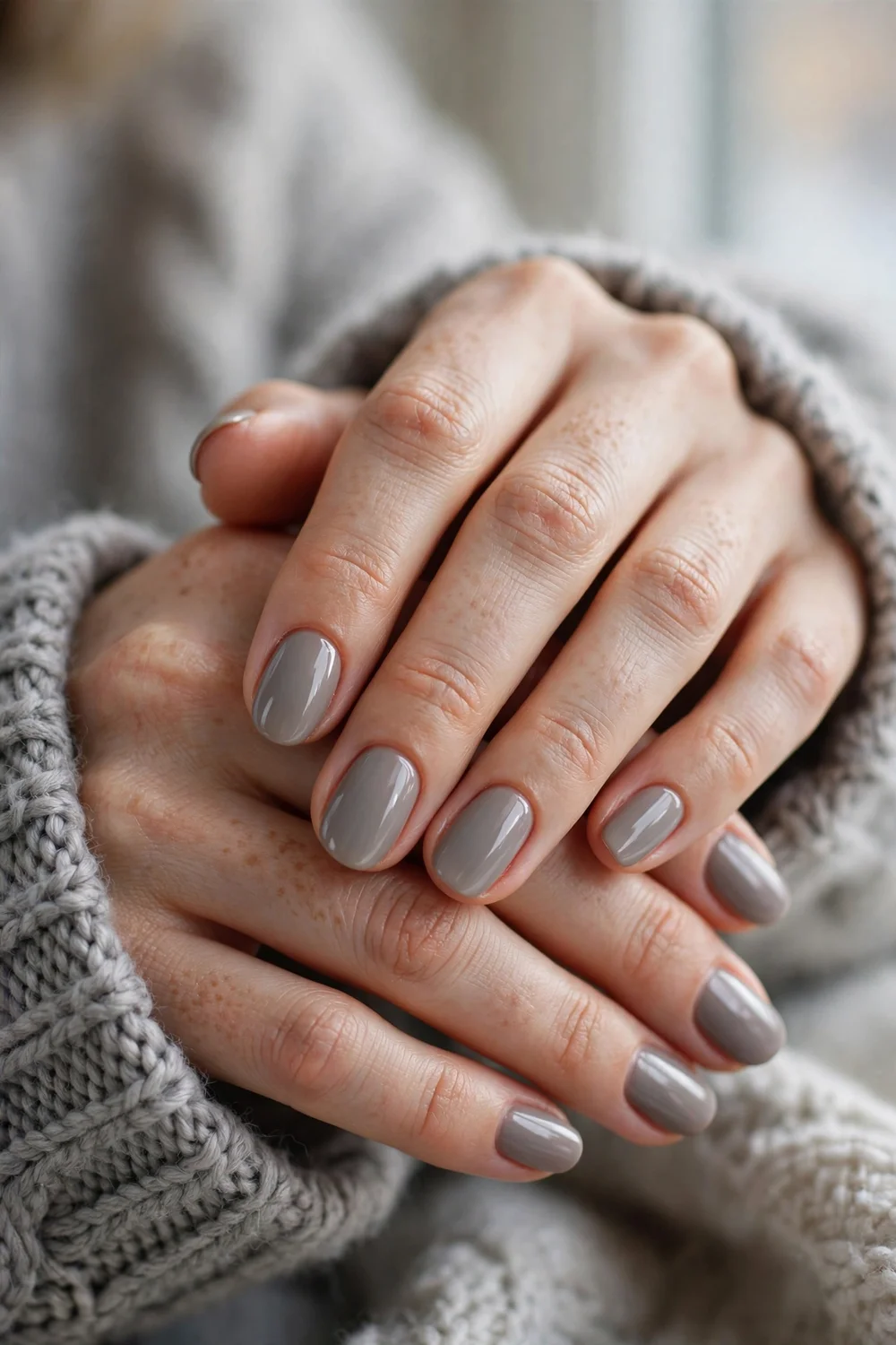 Close up of hands with cashmere gray glossy nails and a cozy gray knit sweater