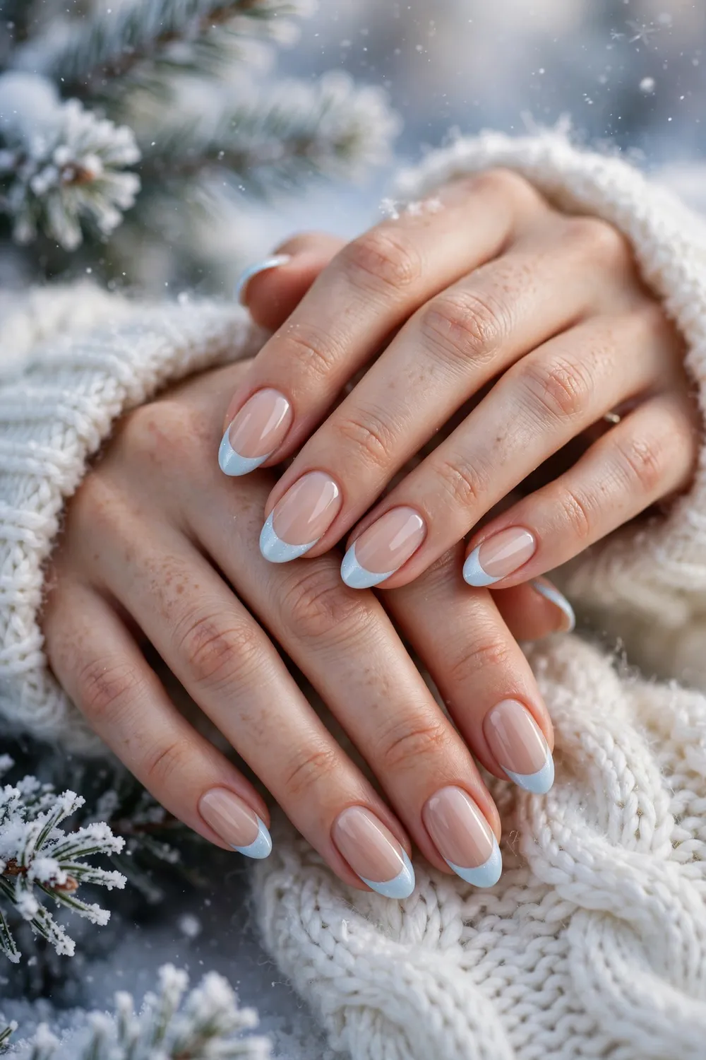 Close up of hands with nude nails and icy blue french tips in a winter wonderland look