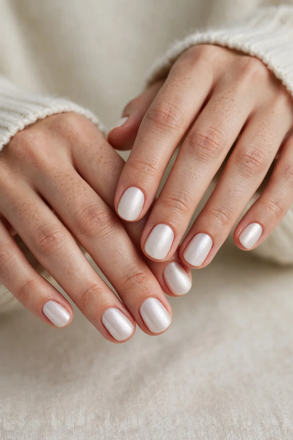 Close up of hands with short pearlescent white nails in a clean minimal winter look