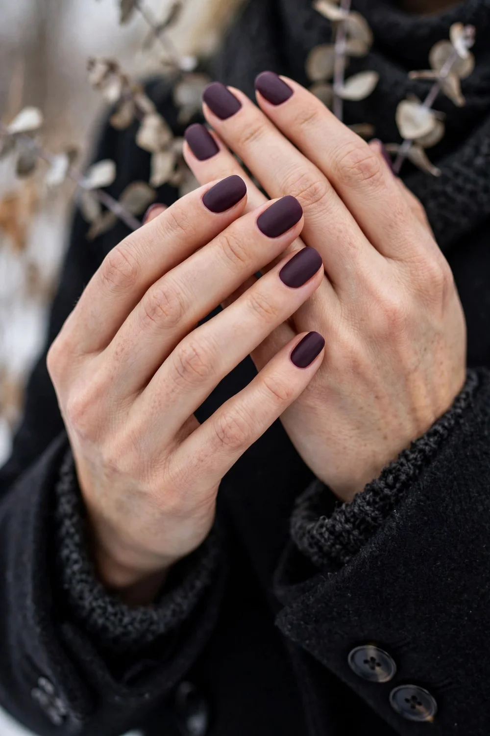 Close up of hands with deep plum matte nails in sophisticated winter styling