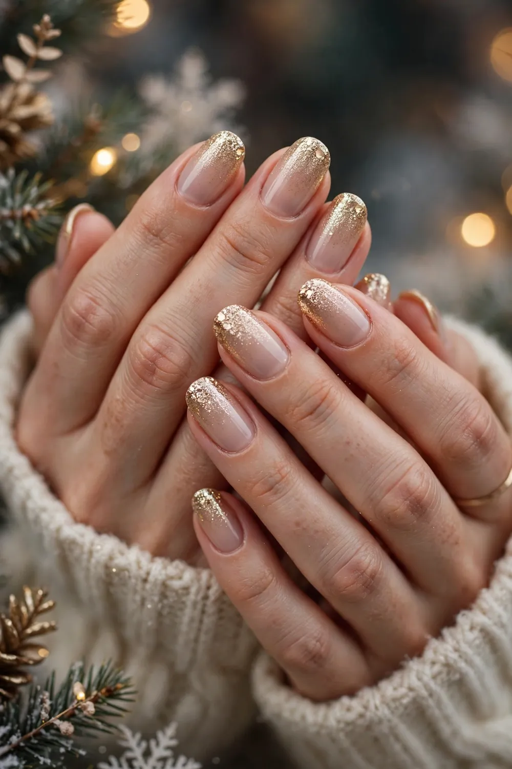 Close up of hands with nude nails fading into champagne gold glitter tips