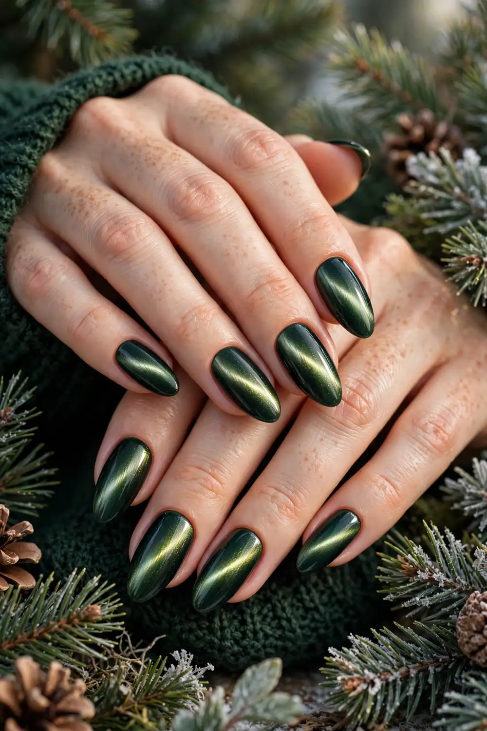 Close up of hands with evergreen magnetic cat eye nails in winter pine styling