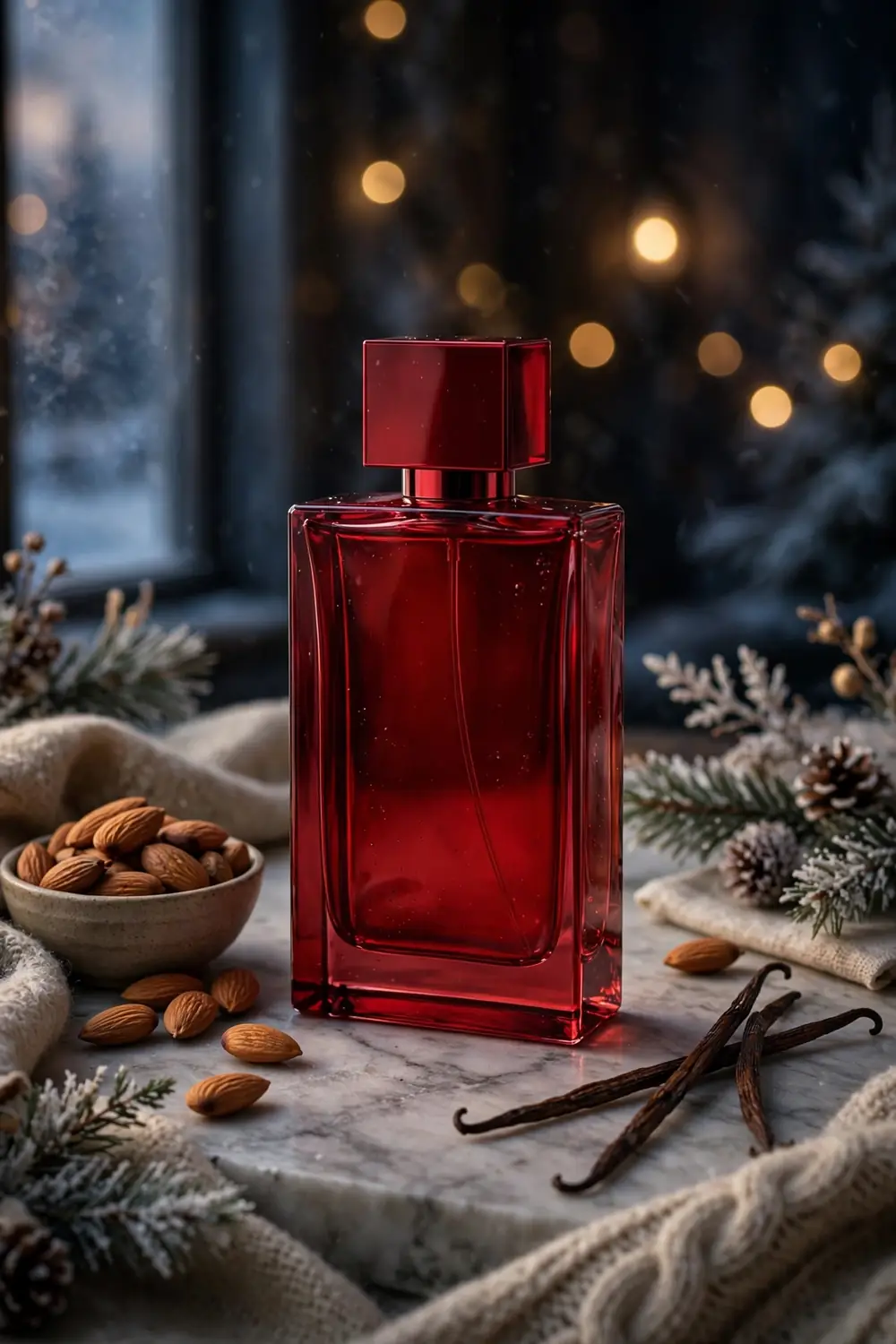 Striking red perfume bottle styled with almonds and vanilla pods for winter