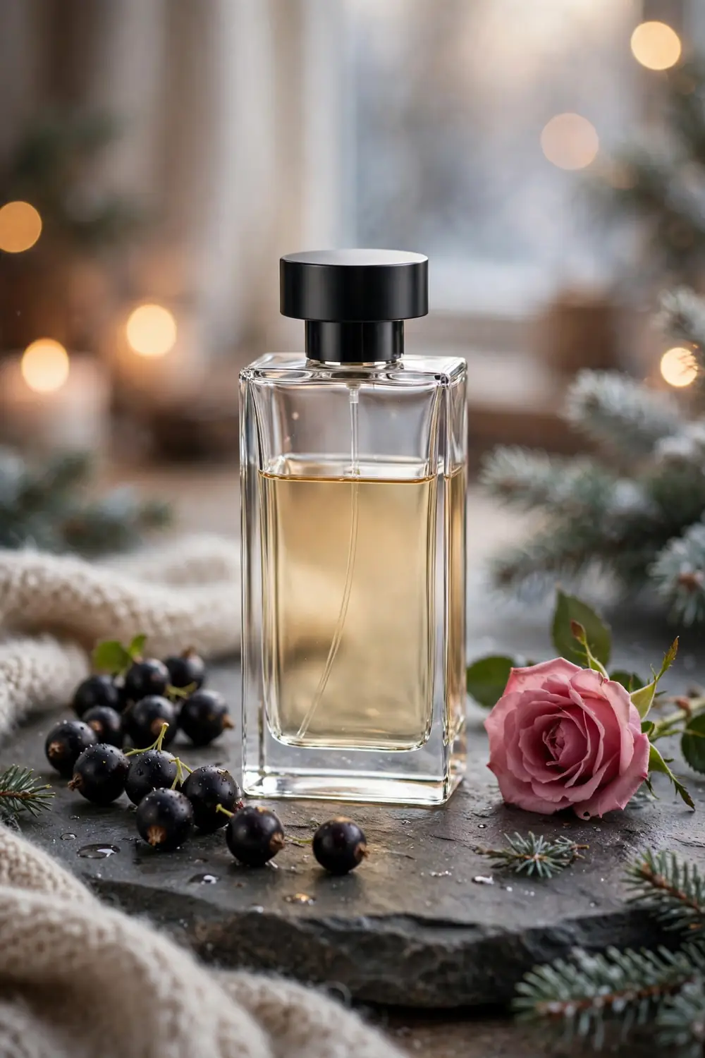 Elegant perfume bottle with blackcurrants and roses styled in a cosy winter scene