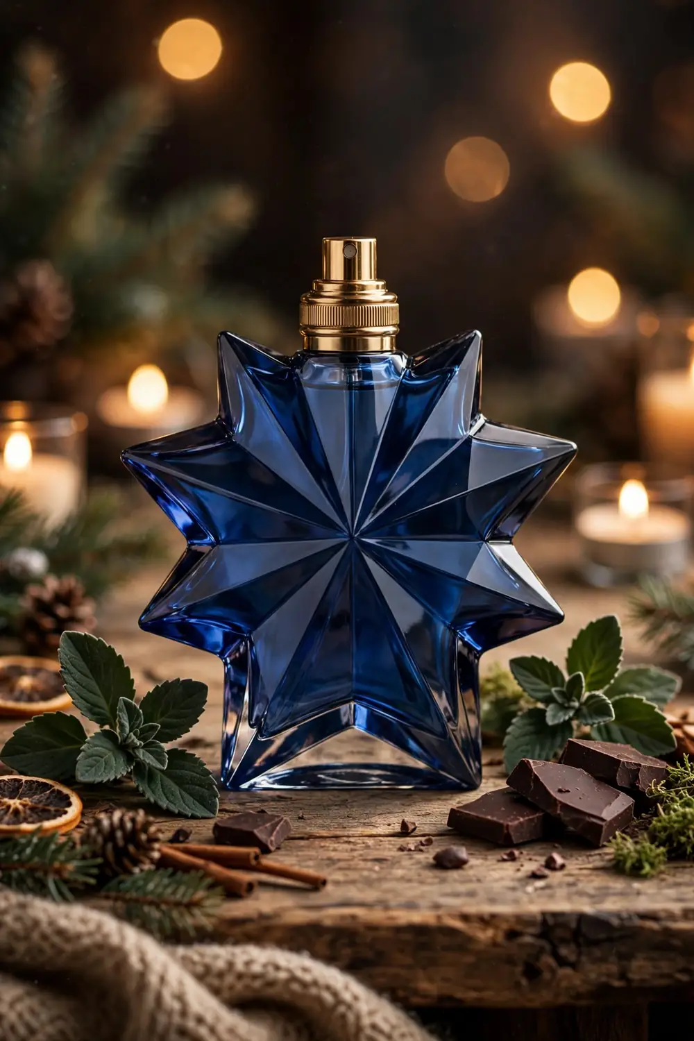 Star shaped blue perfume bottle with patchouli and chocolate winter styling