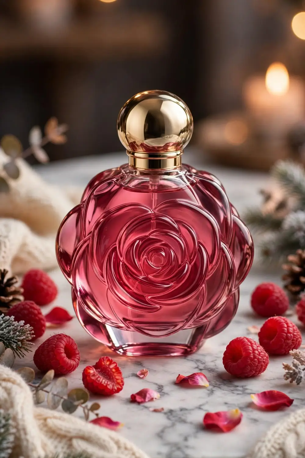 Rose shaped perfume bottle with raspberries and rose petals winter styling