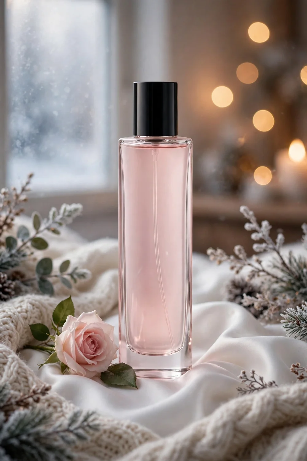 Minimalist pale pink perfume bottle with musk and rose styled in soft winter light