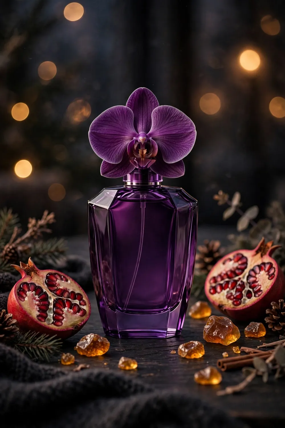 Deep purple perfume bottle with pomegranate and amber styled for winter evenings
