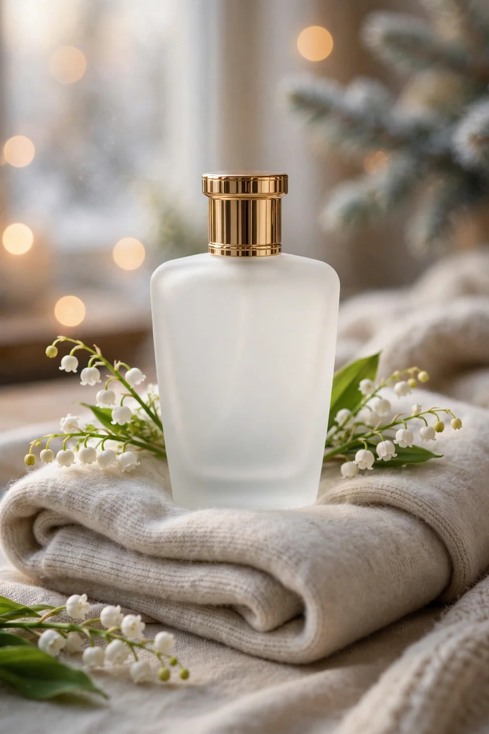 Soft white perfume bottle with cashmere fabric and lilies styled for winter