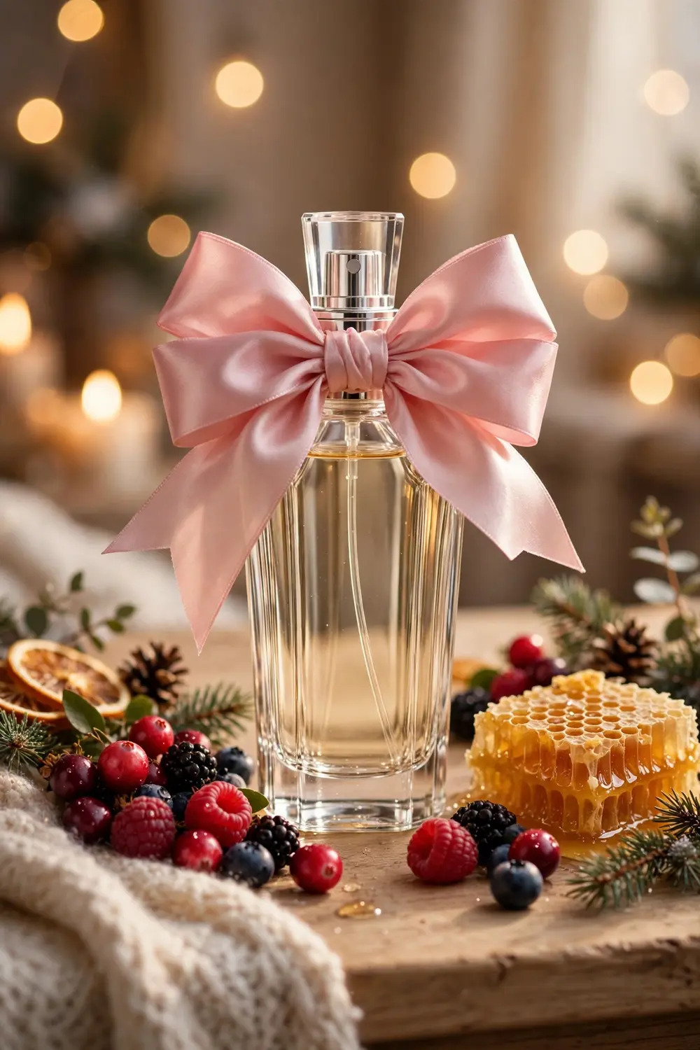 Pink bow topped perfume bottle with berries and caramel styled for winter