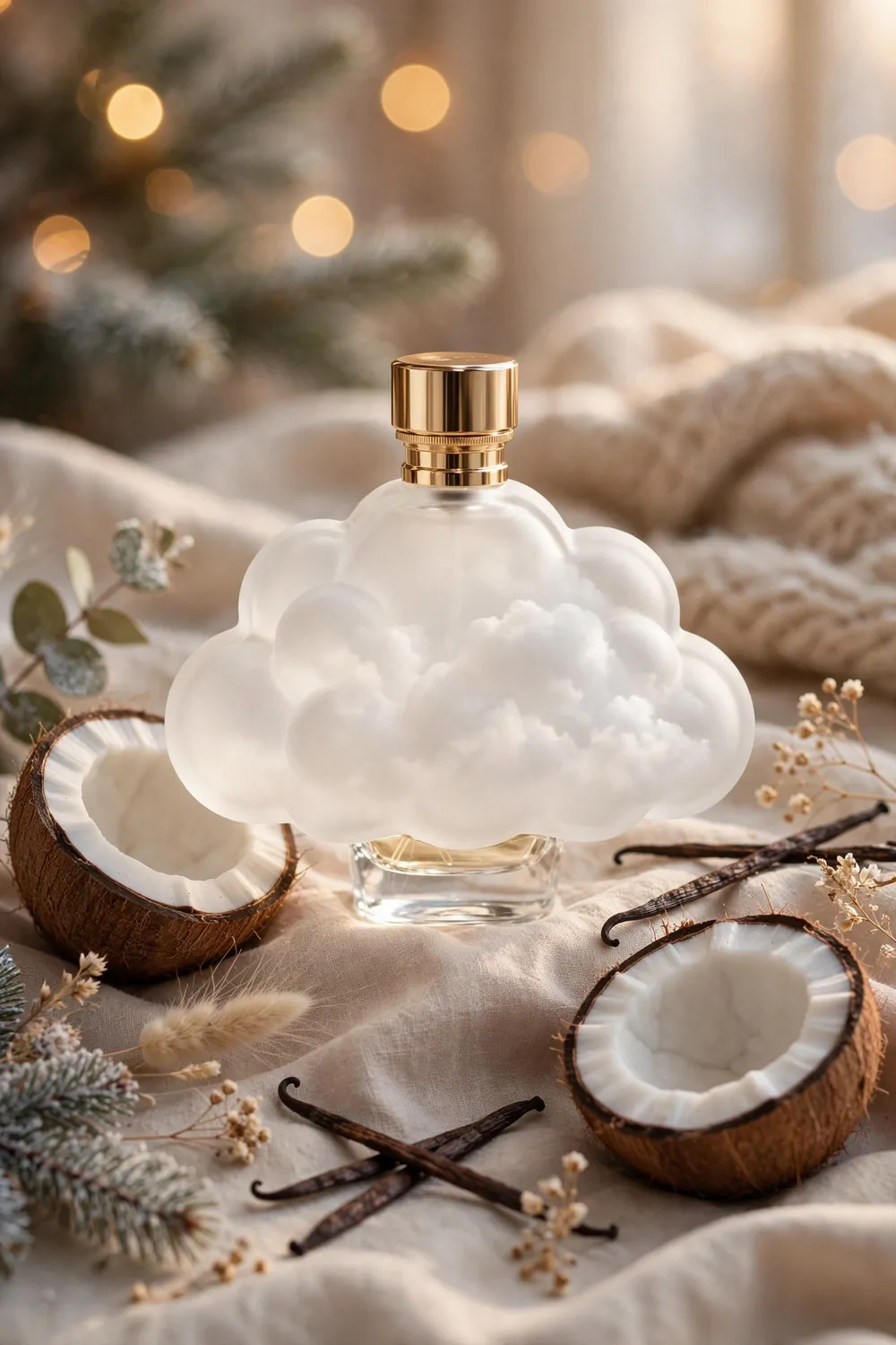 Cloud shaped perfume bottle with coconut and vanilla styled for winter