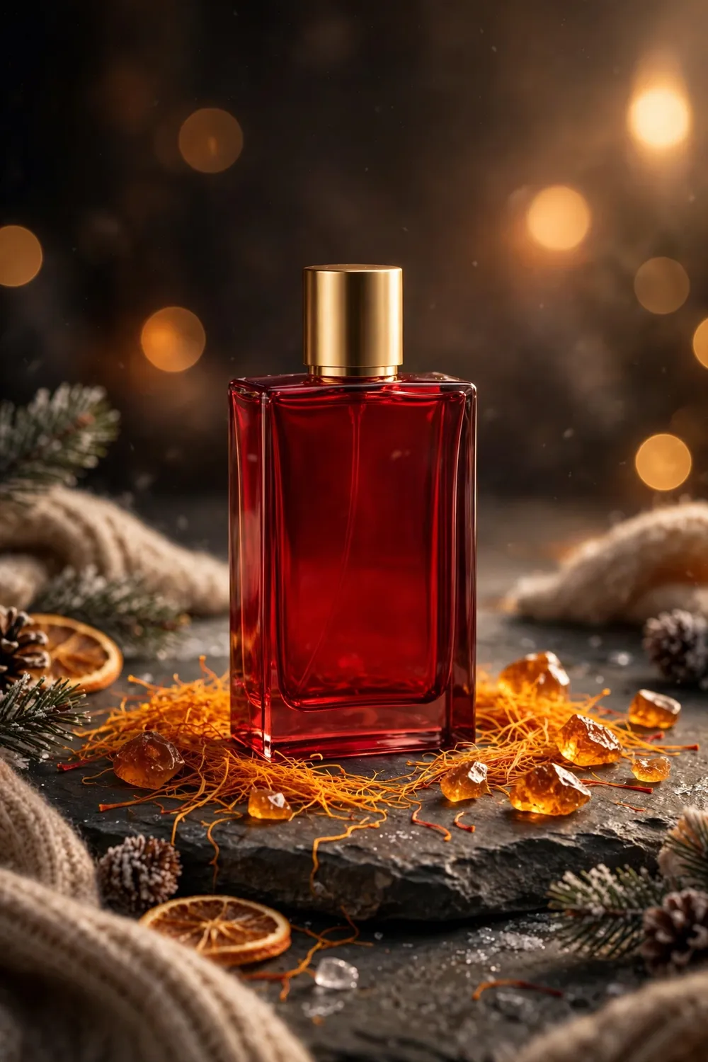 Simple red glass perfume bottle with saffron and amber styled for winter