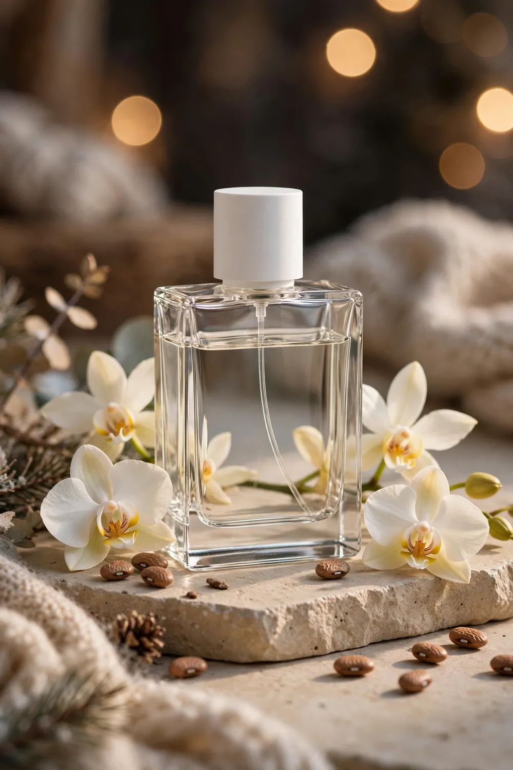 Modern minimalist perfume bottle with vanilla orchids and tonka beans winter styling