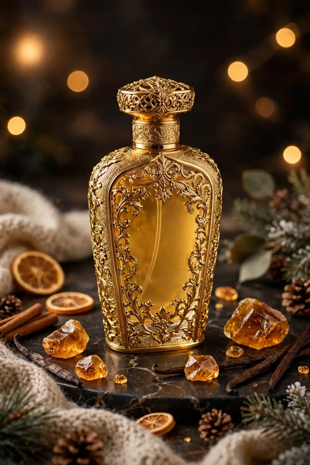 Golden ornate perfume bottle with amber resin and vanilla styled for winter