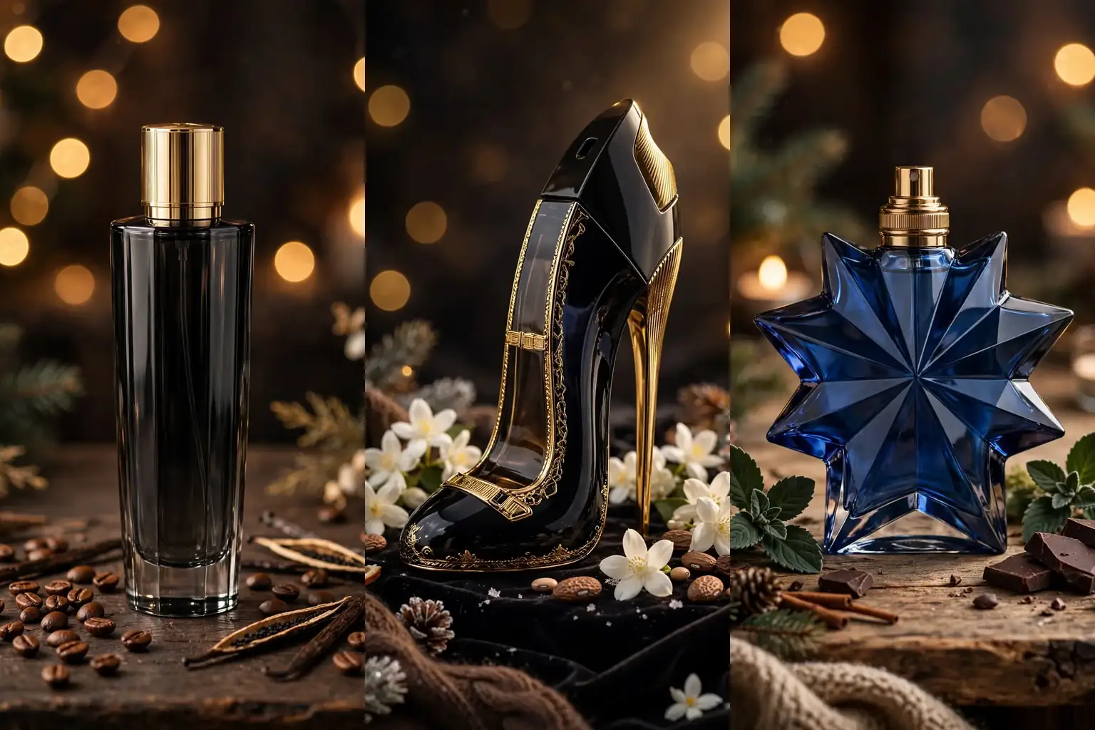 Winter perfumes collage: black coffee vanilla bottle, stiletto jasmine bottle, blue star patchouli chocolate bottle
