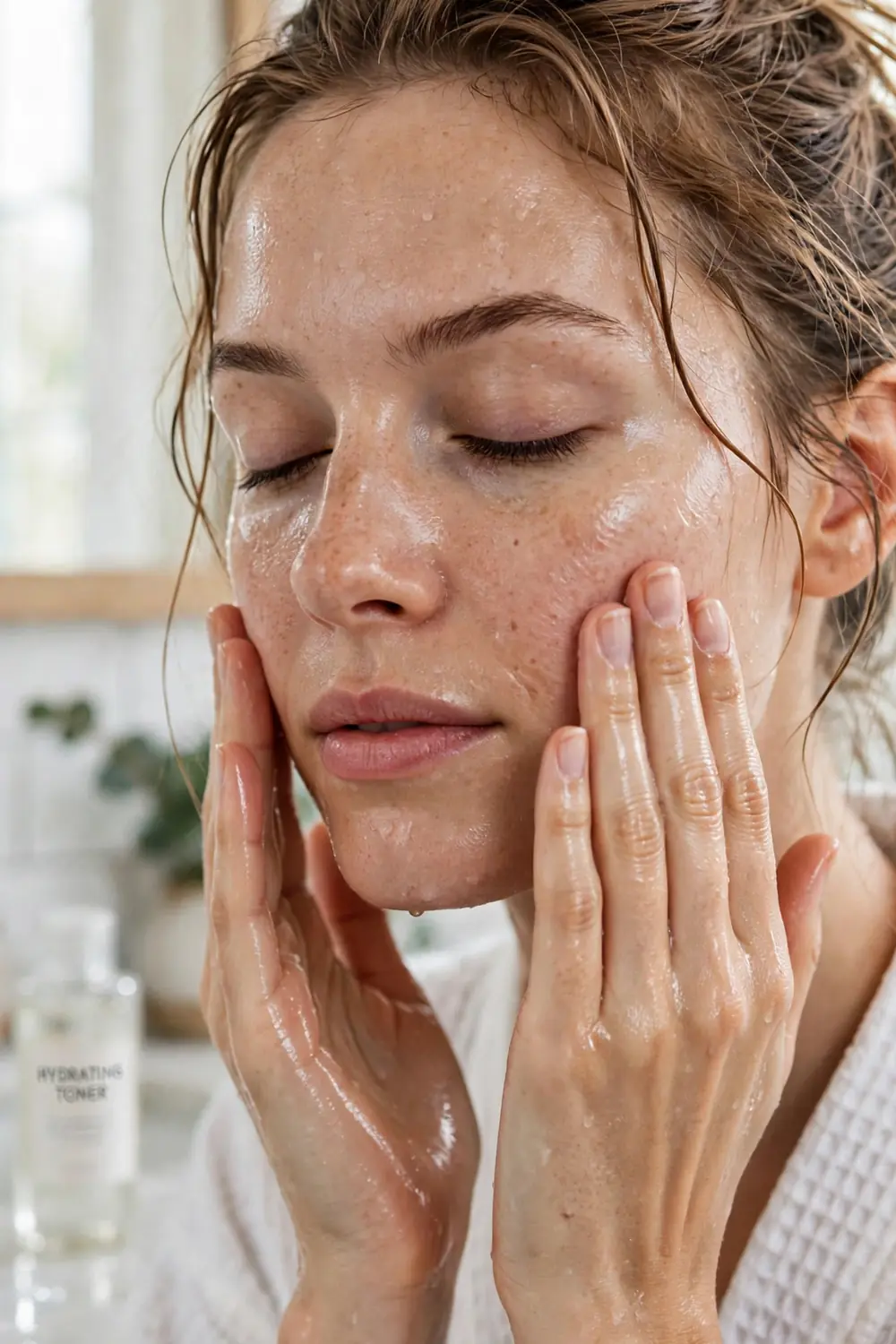 Woman patting hydrating toner onto glowing skin in winter