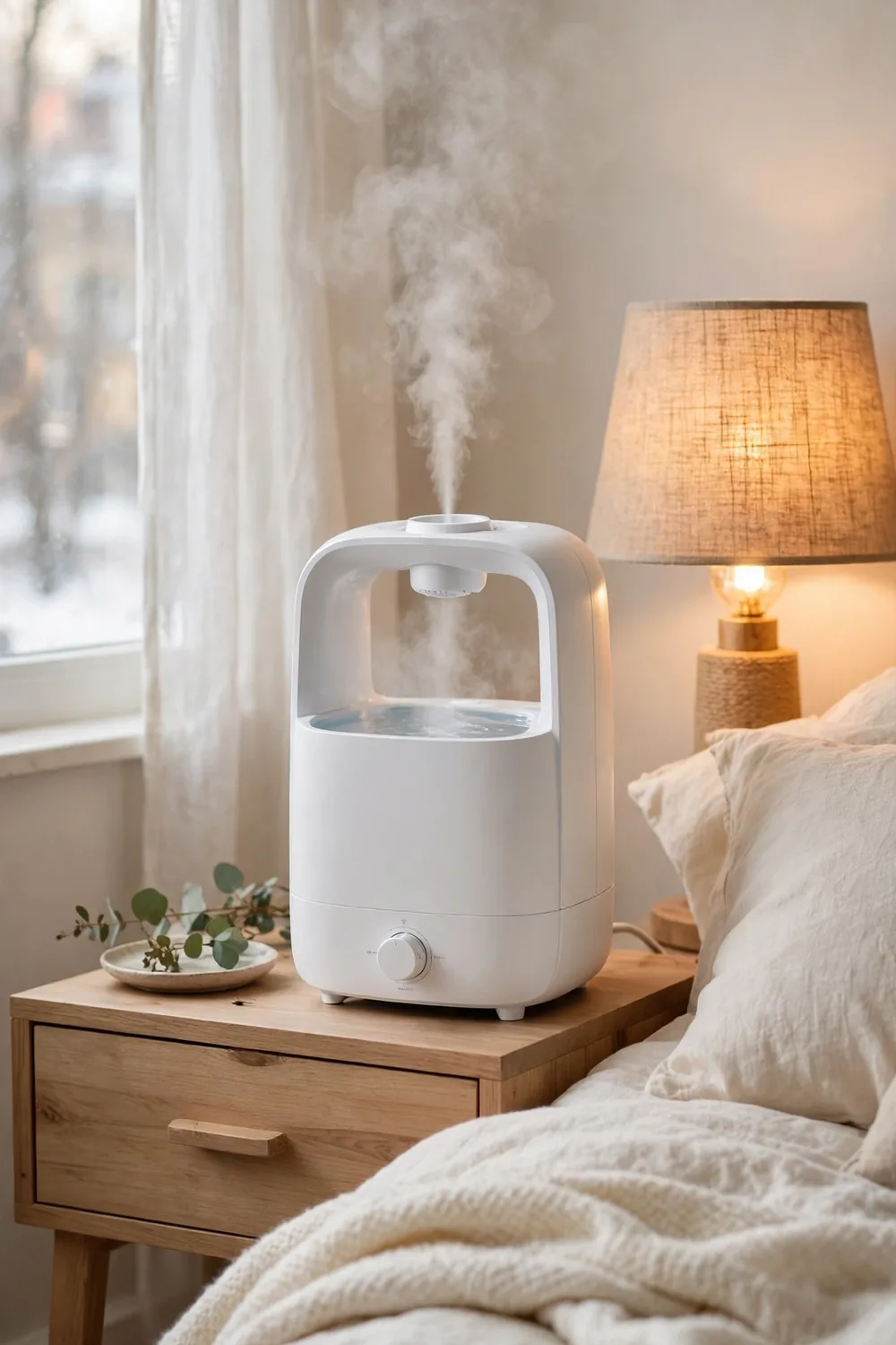 Bedroom humidifier releasing gentle mist beside a cozy winter bed
