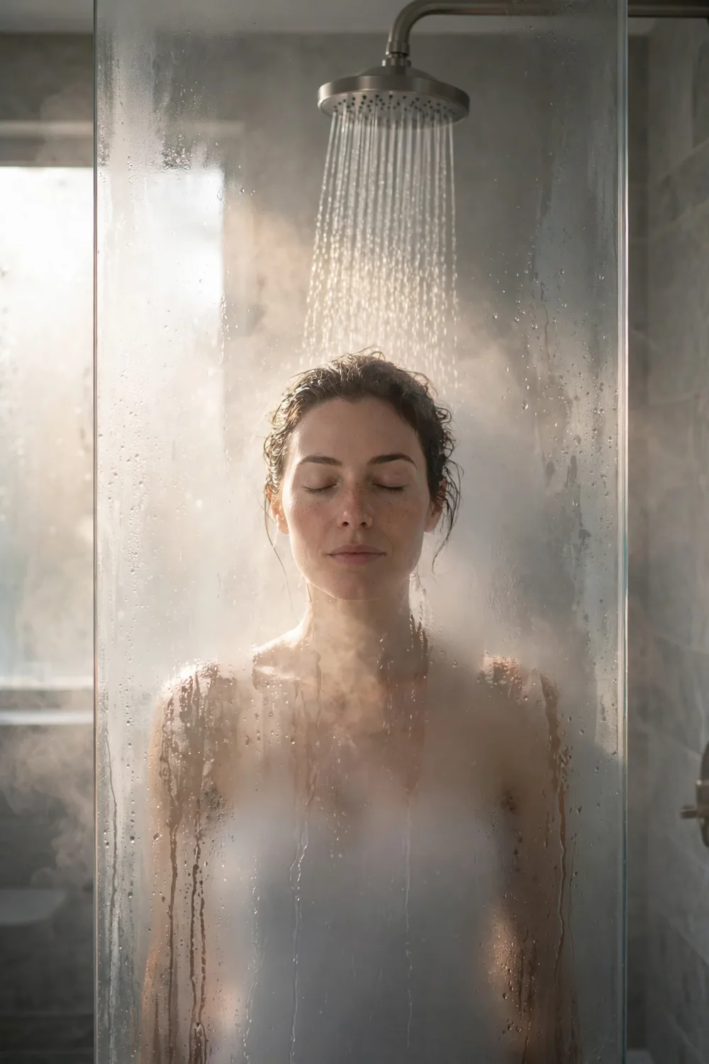 Steamy lukewarm shower scene with soft winter morning light