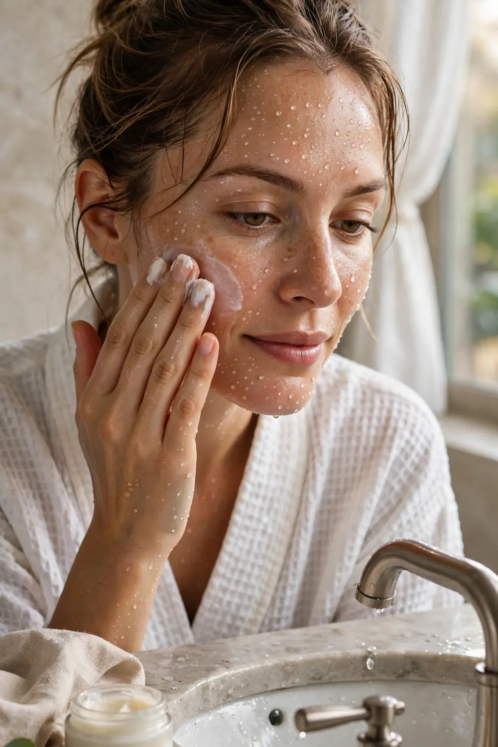 Woman applying moisturiser to damp glowing face after winter cleanse