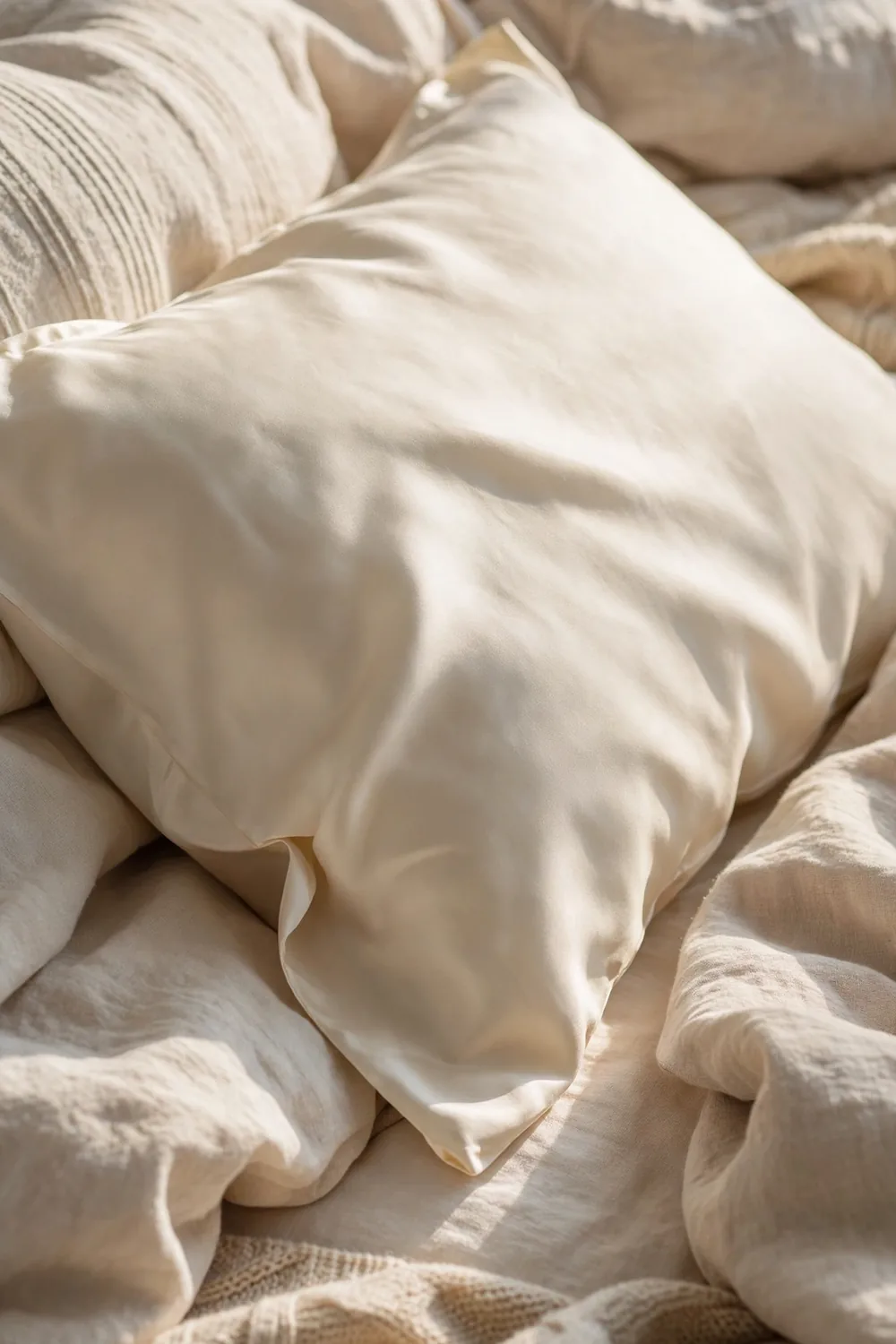 Elegant silk pillowcase in cream on a cozy winter bed