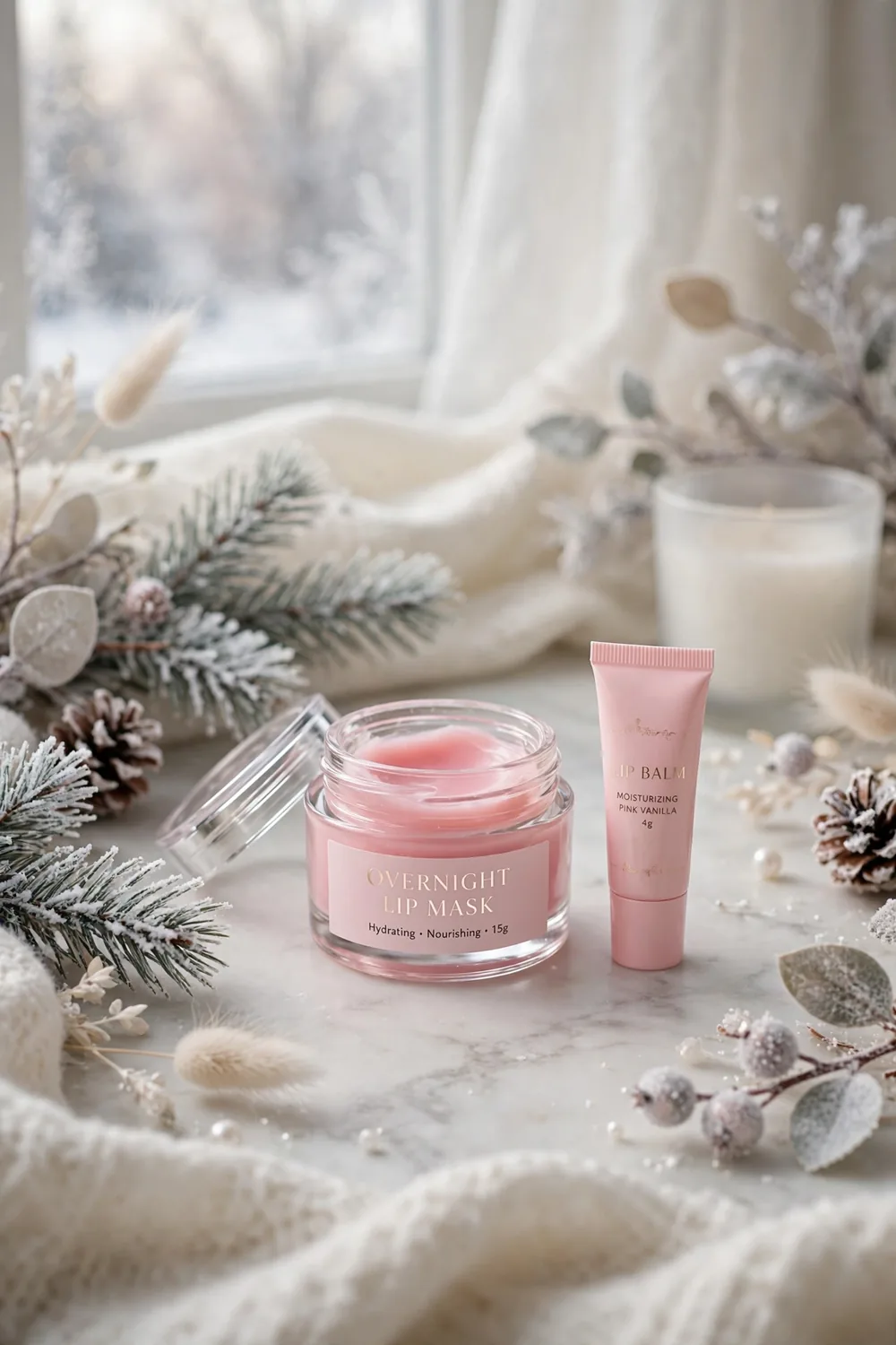 Overnight lip mask jar with soft pink balm in winter vanity scene