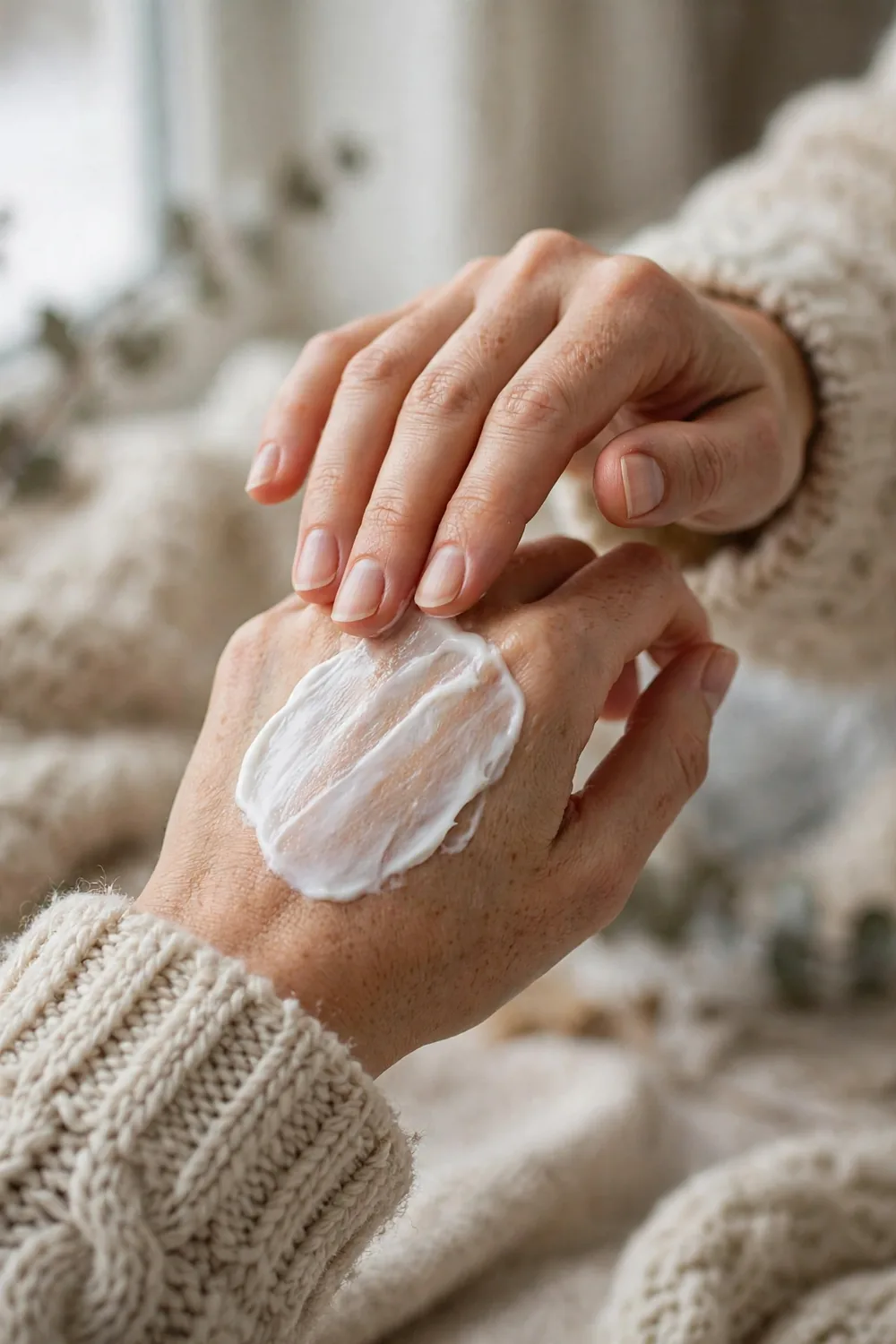Woman applying rich hand cream to soft hands in winter