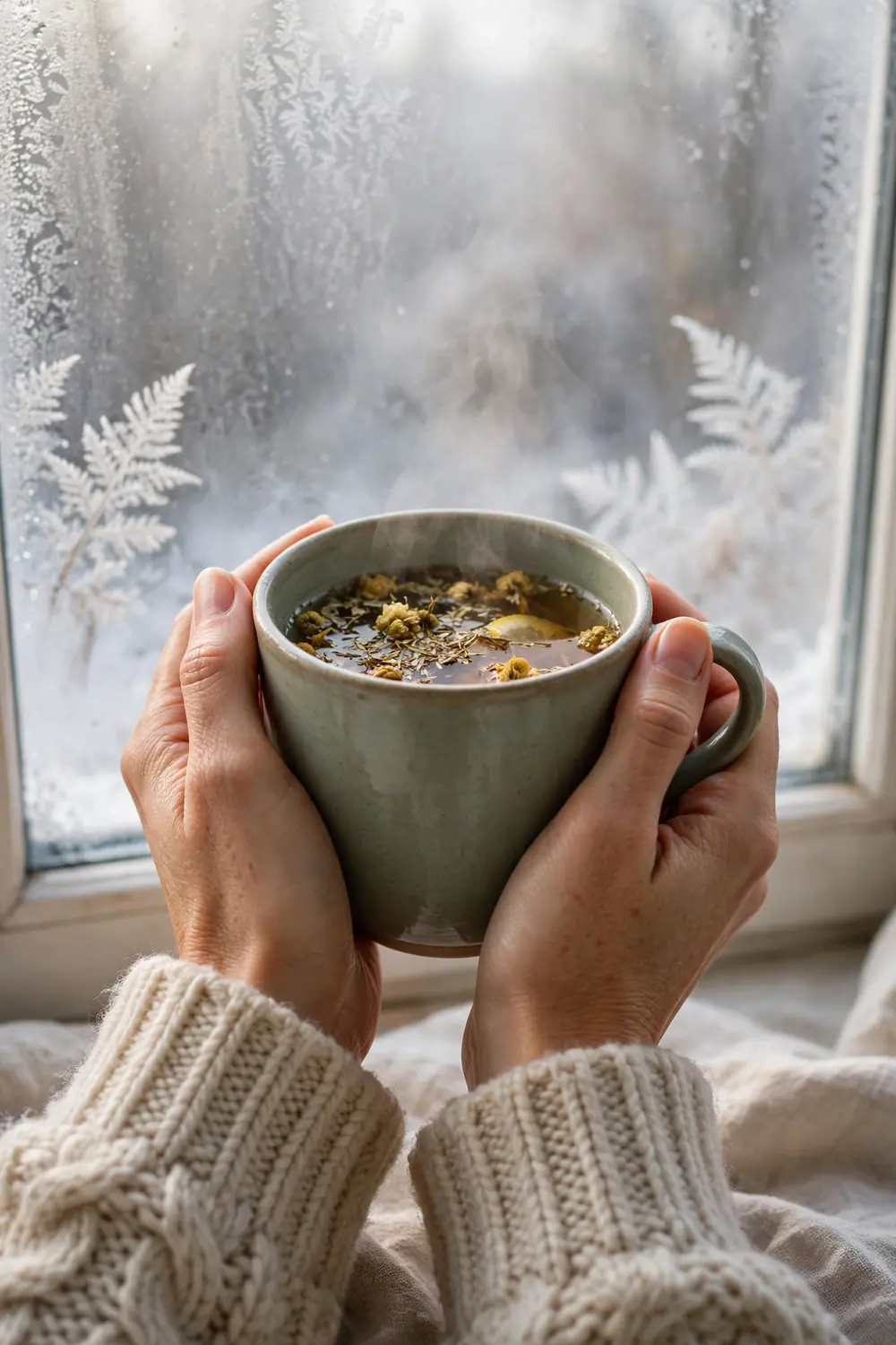 Woman sipping warm herbal tea by a frosty winter window