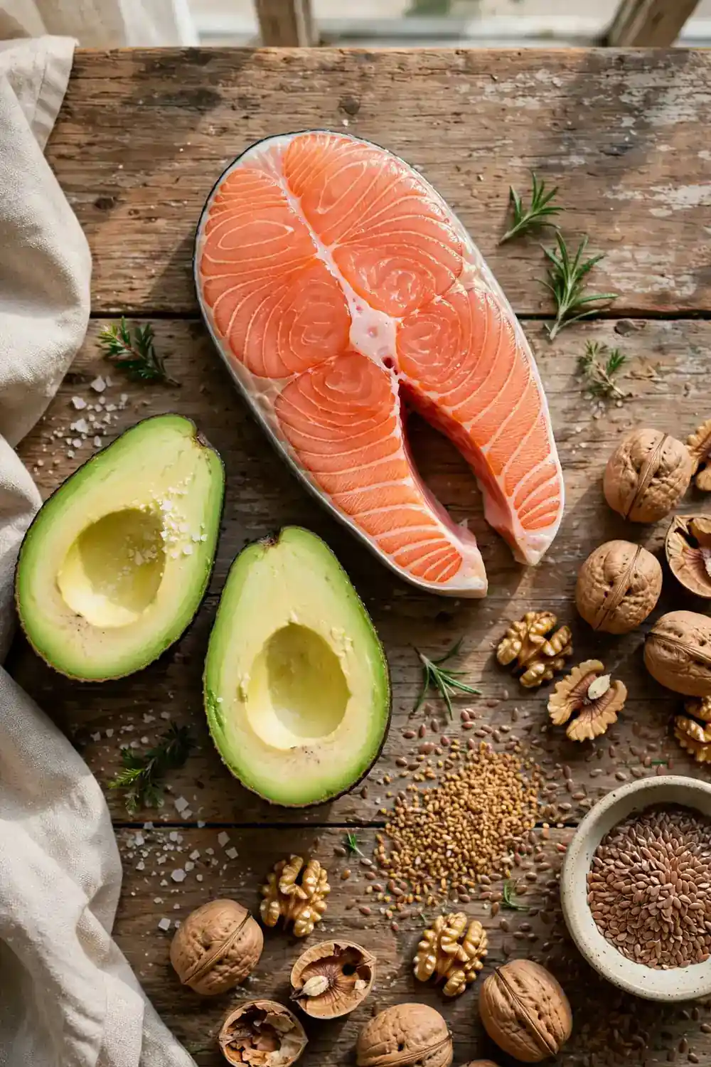 Beautiful bowl of salmon avocado and nuts for winter skin nutrition