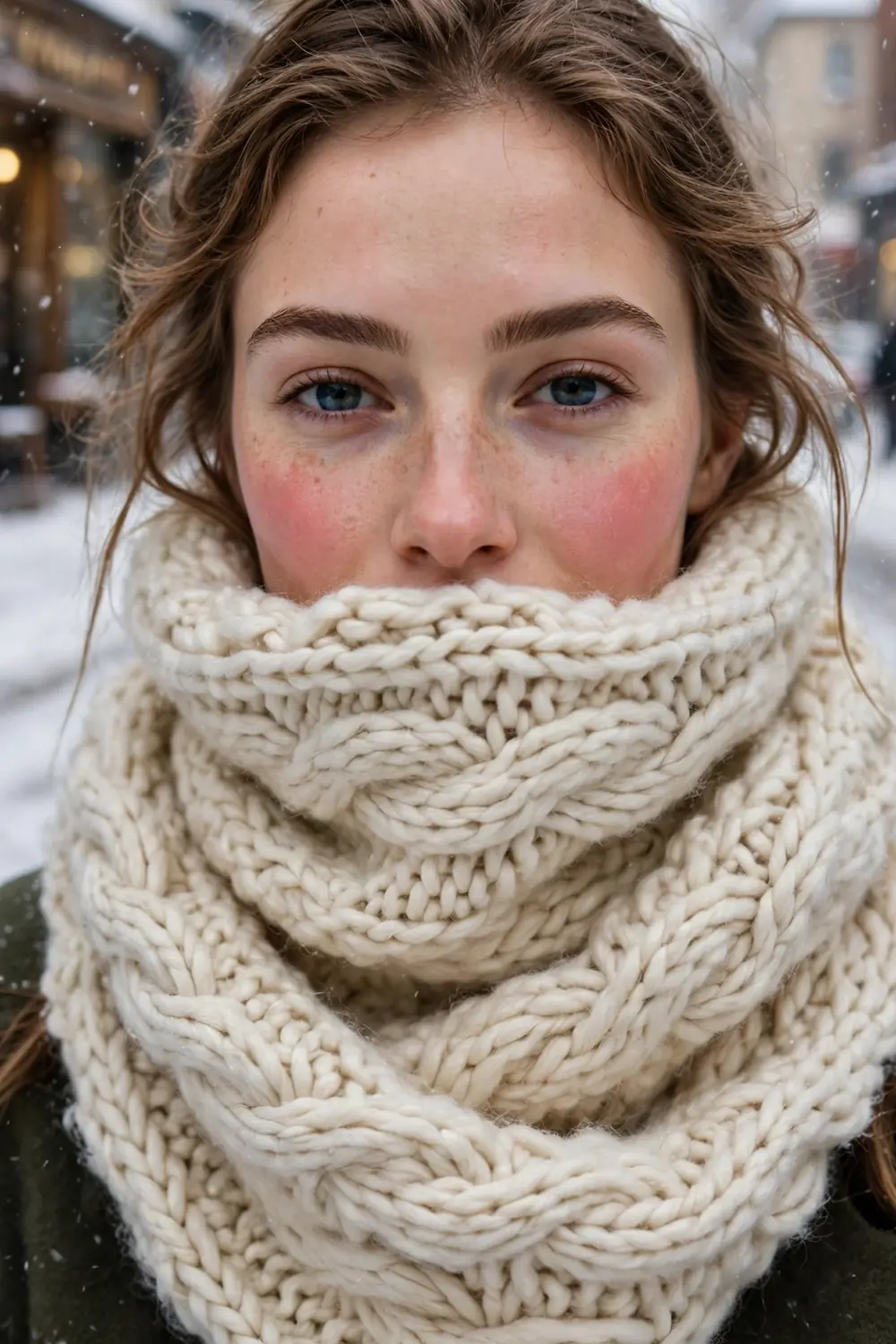 Woman wrapped in a cozy wool scarf protecting her face from winter wind